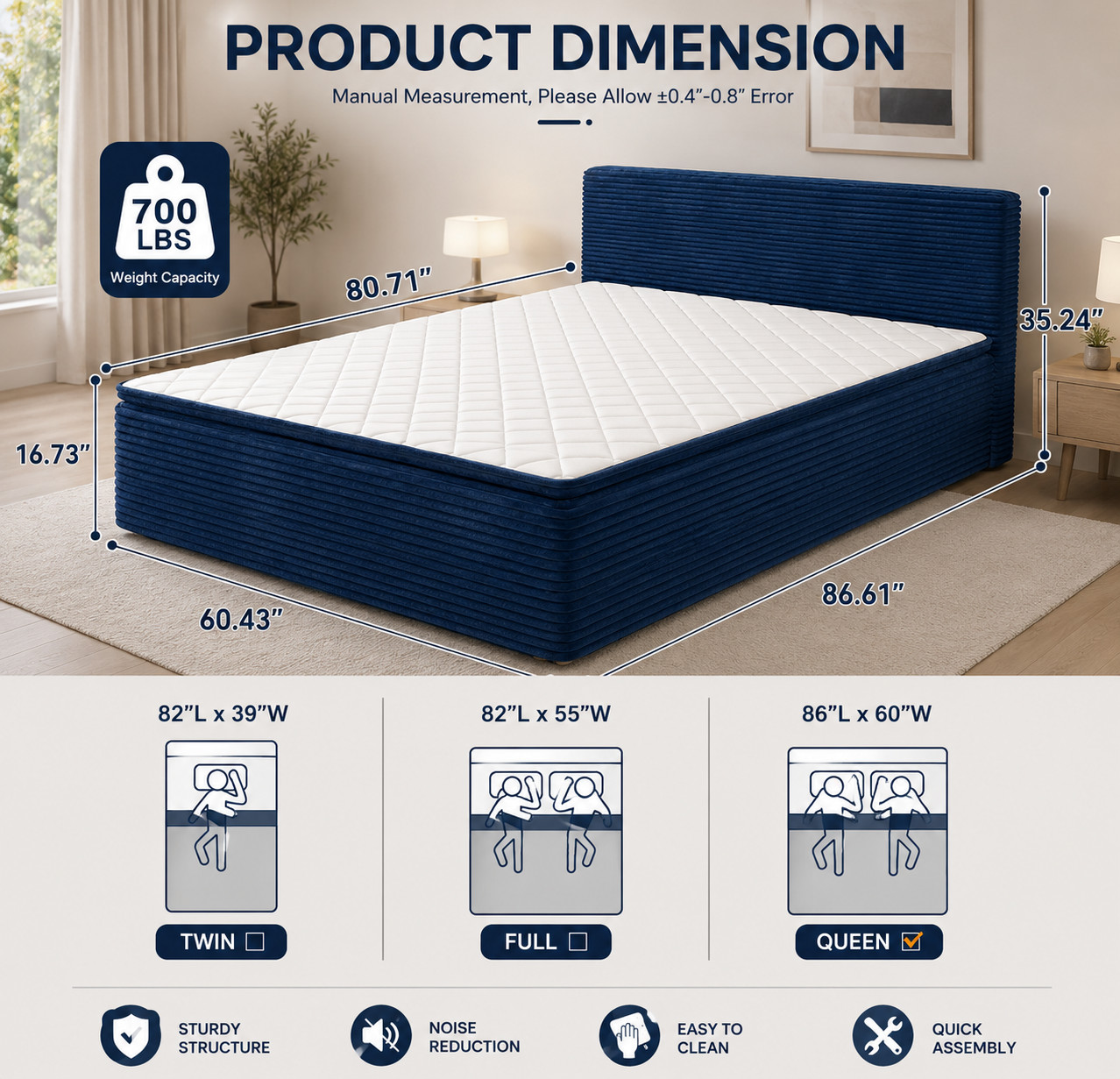 Queen Blue Boneless Bed Floor Mattress Hybrid Foam Spring Guest Bed
