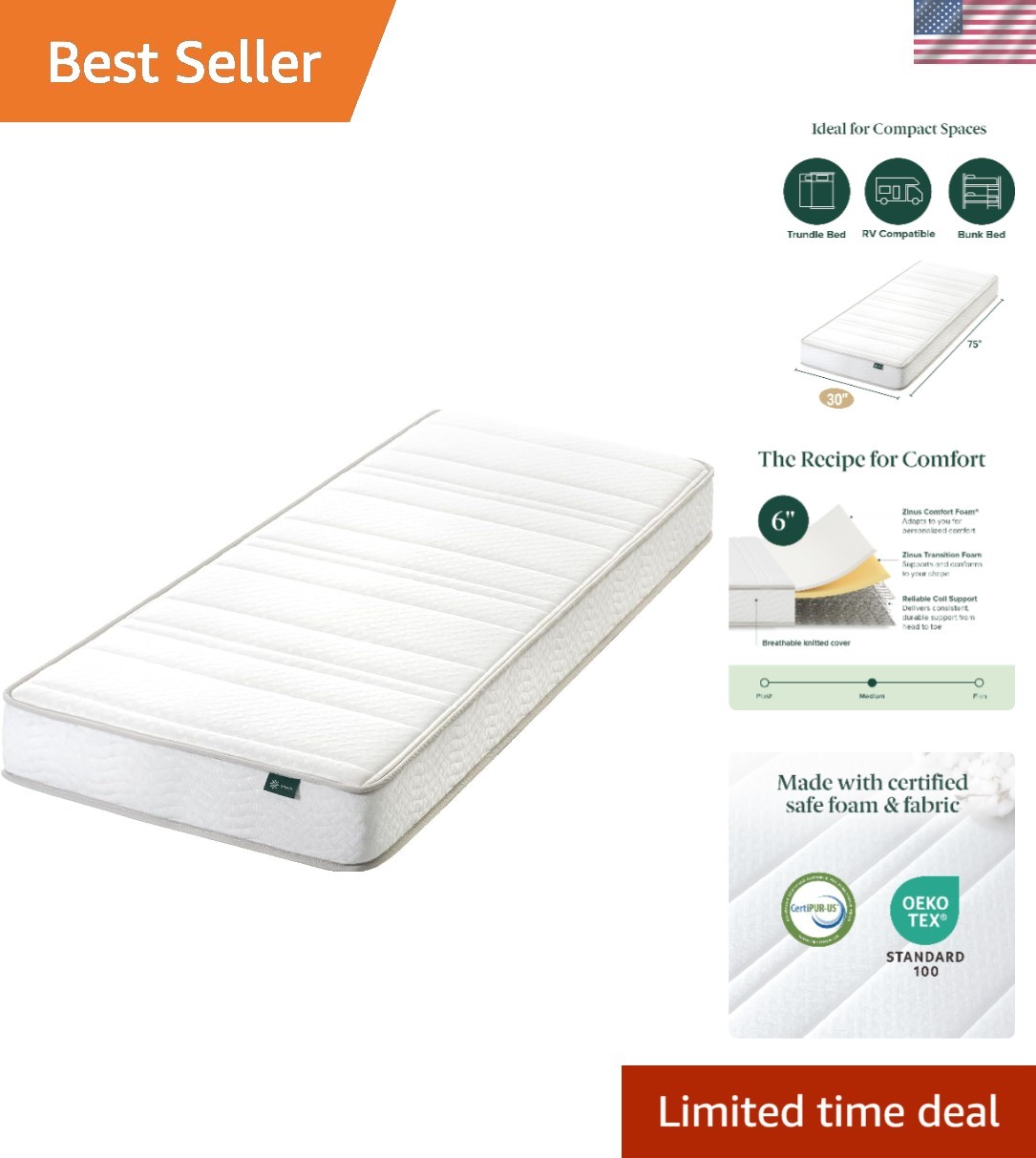 6 Inch Narrow Foam & Spring Hybrid Mattress 75″ x 30″ – Medium Firm Comfort