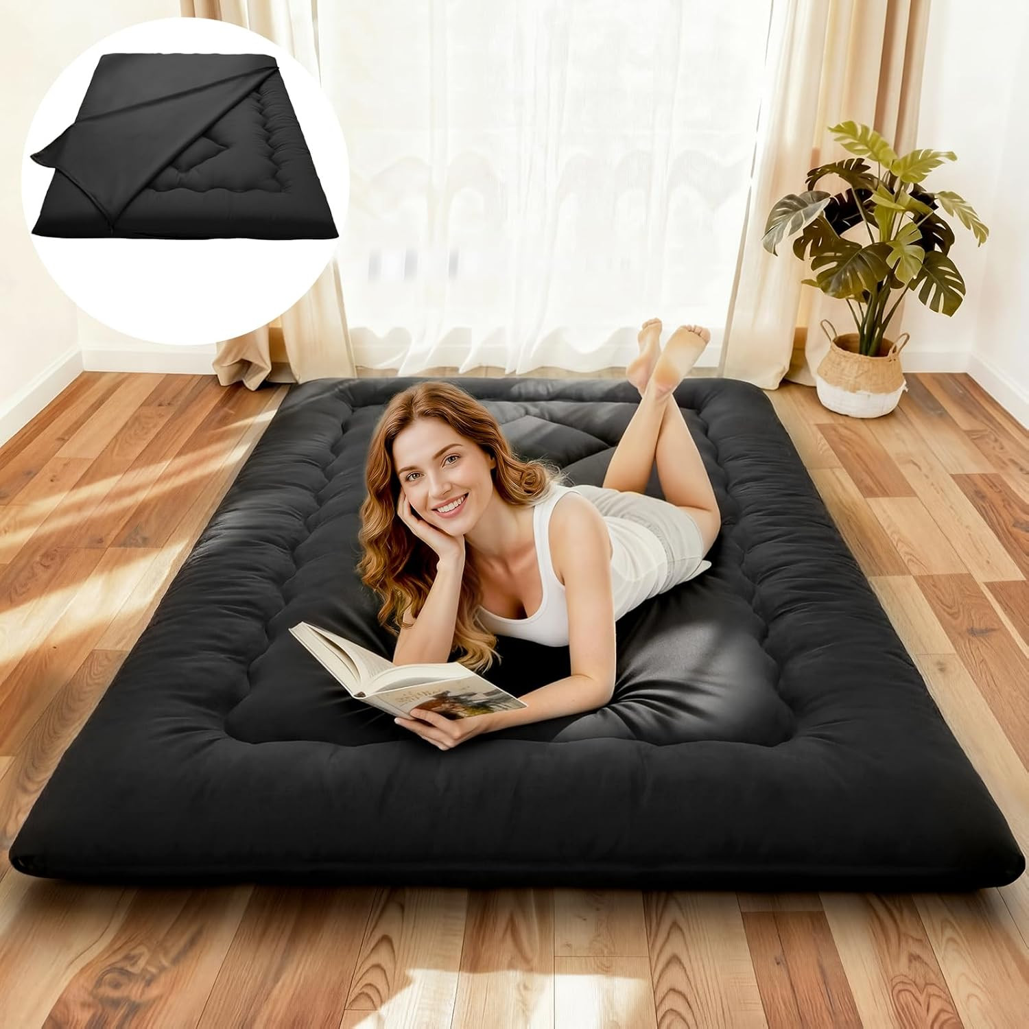 4″ Thick Japanese Futon Mattress – Space Saving Foldable Floor Bed for Guests, D