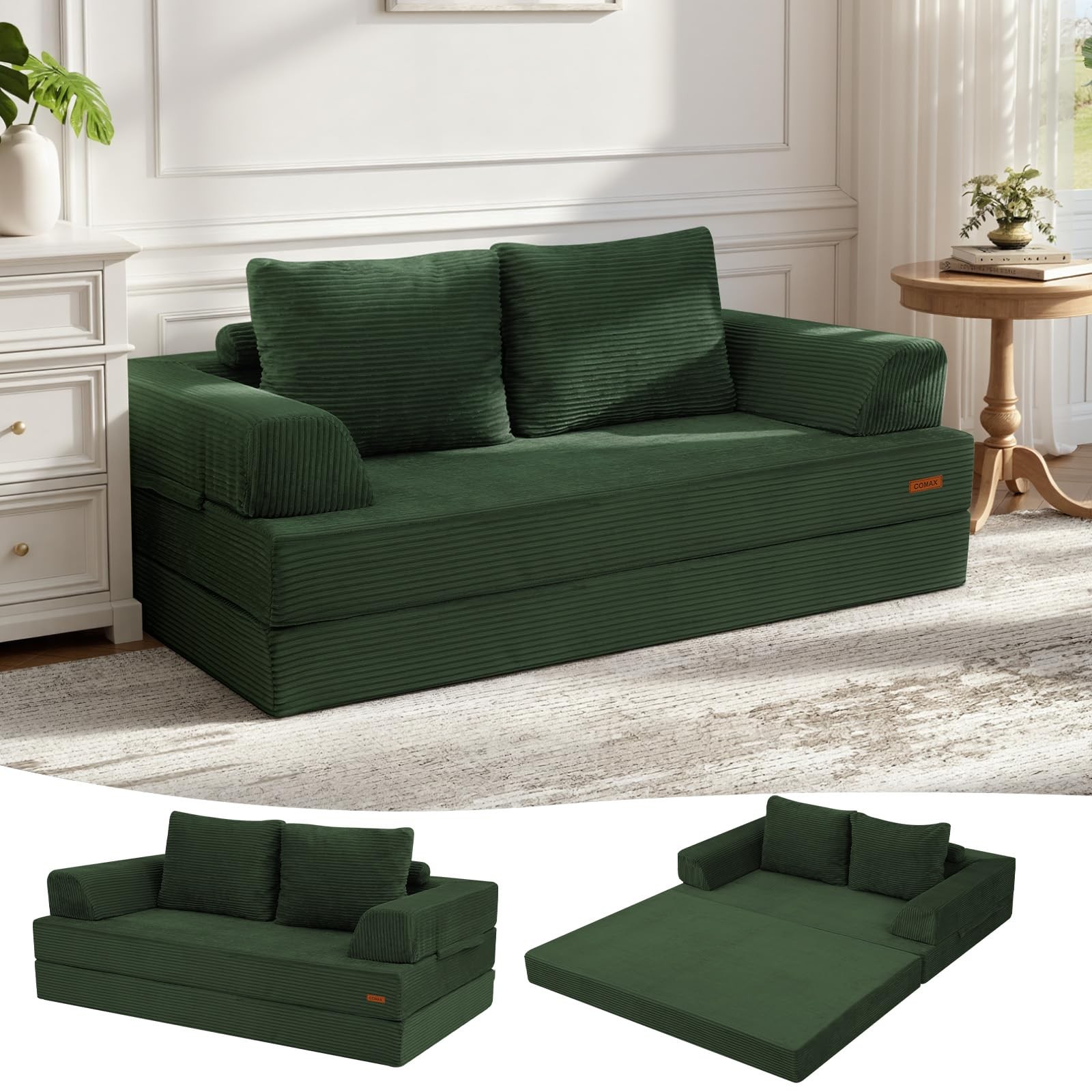 COMAX Convertible Sofa Bed, Folding Floor Couch Loveseat, Green (Loveseat)