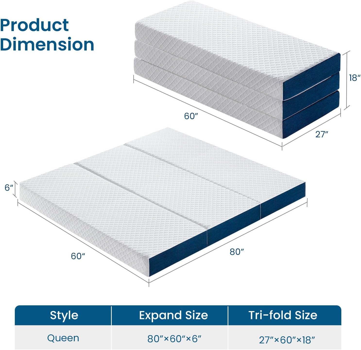 Queen 6″ Trifold Gel Memory Foam Mattress – Perfect for Camping & Guests