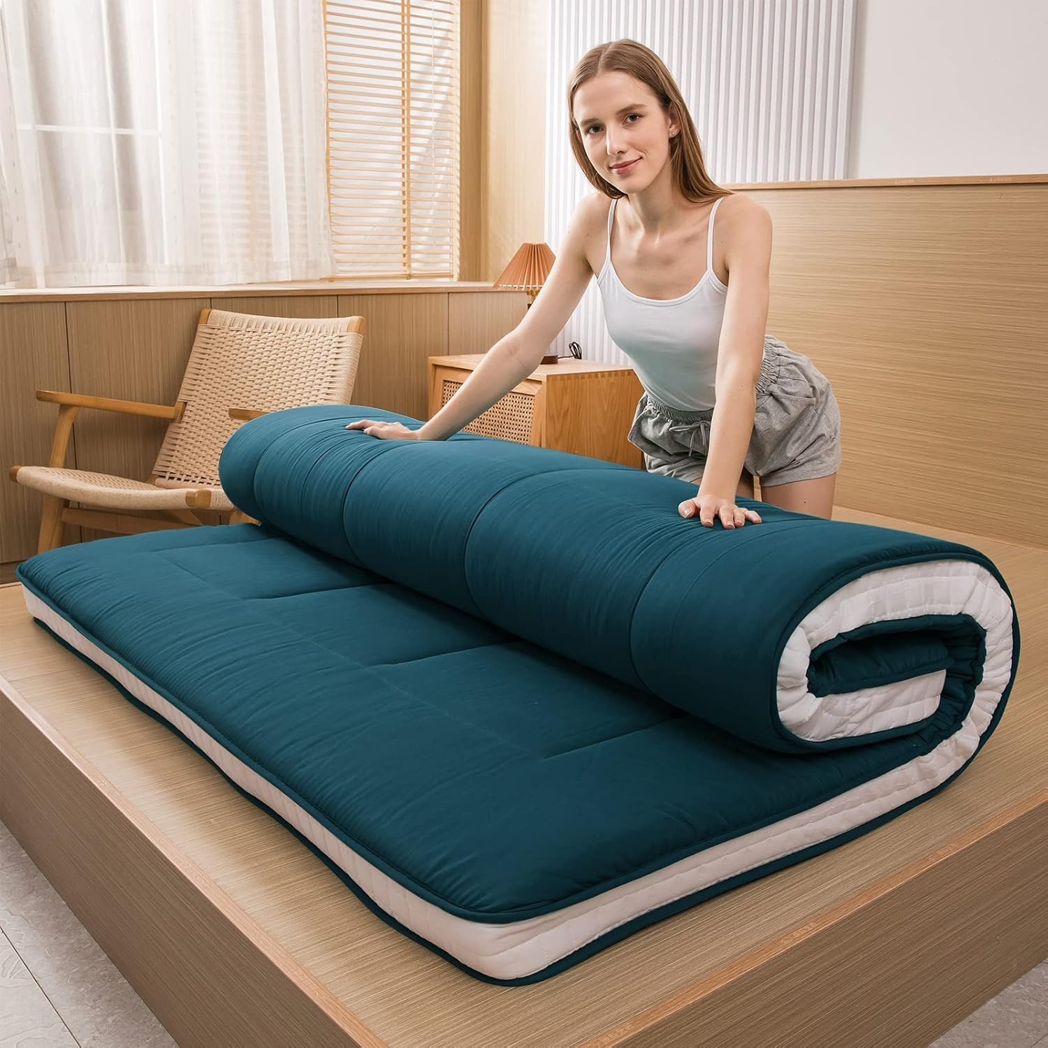 Extra Thick Quilted Futon Mattress – Full Size Folding Sleeping Pad, Bluestone