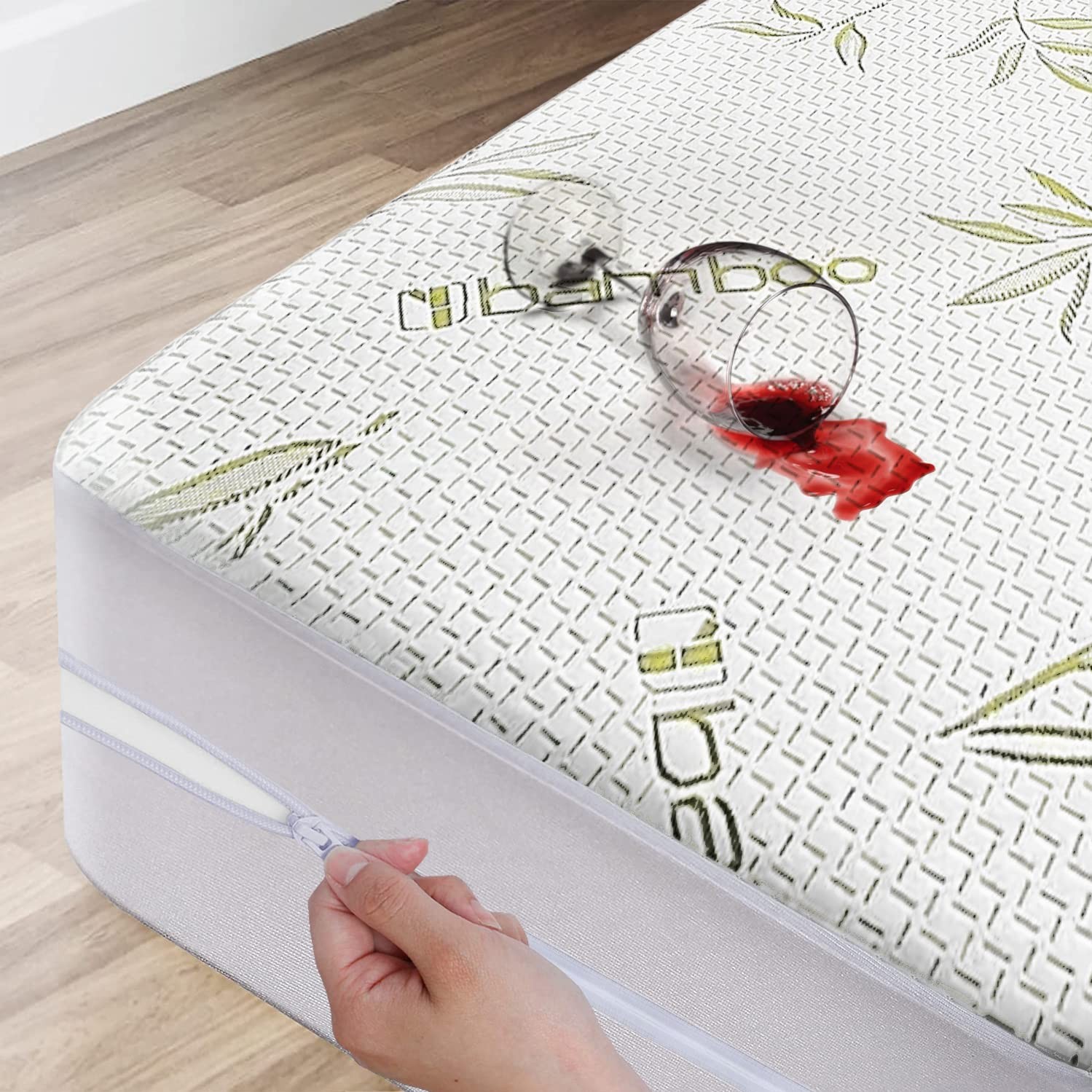 Bamboo Mattress Protector with Zipper – 100% Waterproof King Size King, White
