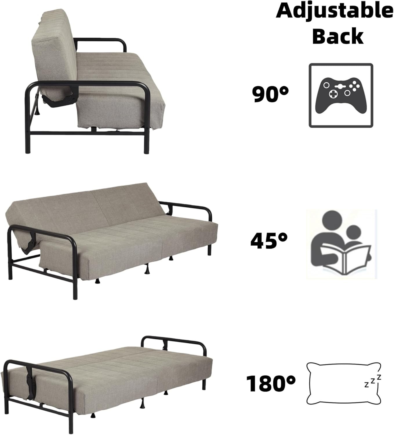 Modern Grey Futon Sofa Bed with Arm, 78.74″ 3-Posit