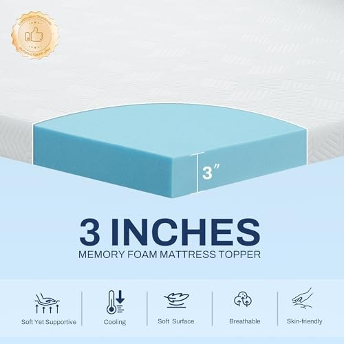 3 Inch Memory Foam Mattress Topper with Adjustable Straps, Premium Queen White