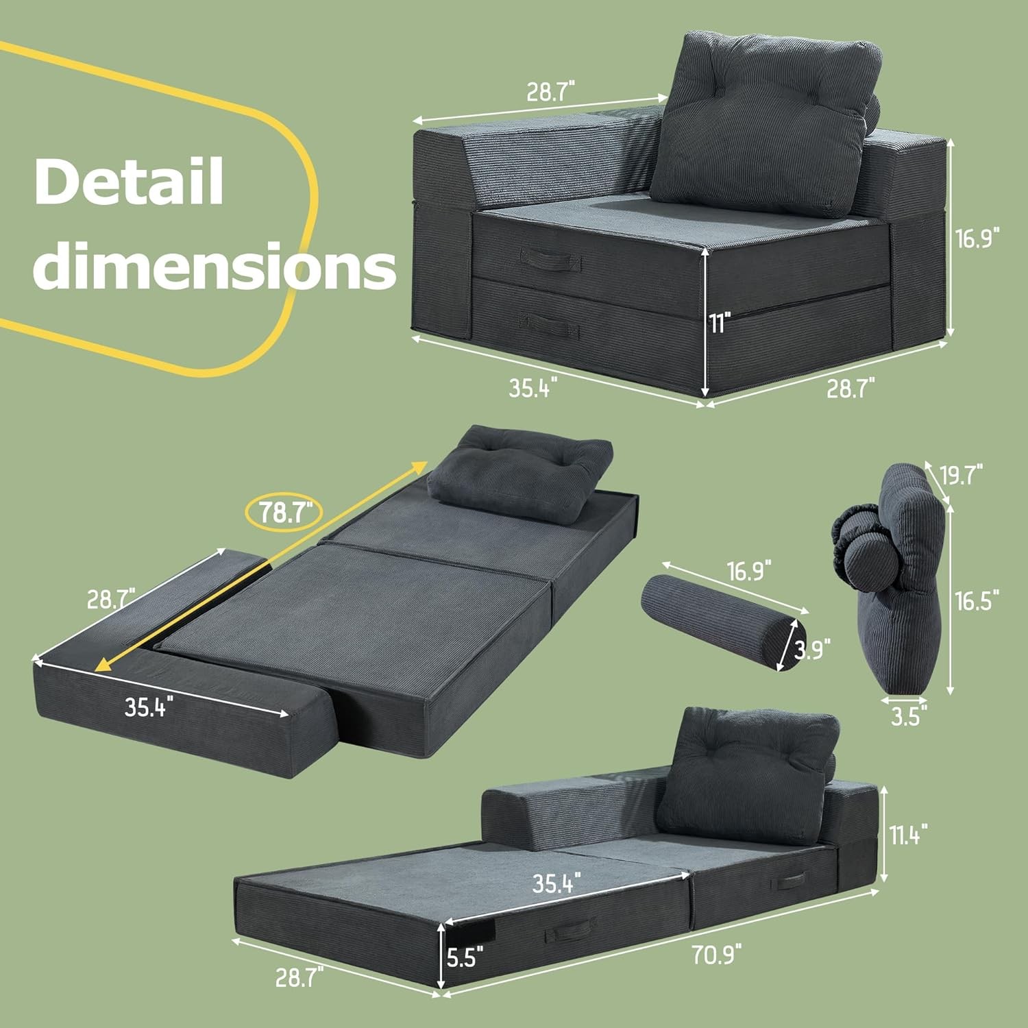 Folding Sofa Bed, 4 in 1 Convertible Sleeper Chair with Pillow, Standard