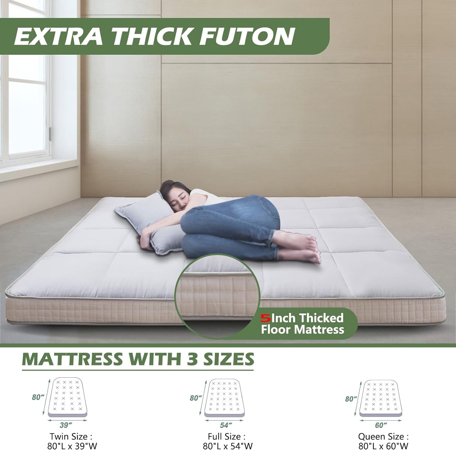 SUNYRISY Japanese Floor Mattress Futon Mattress 5 in Topper Thicken Tatami Mat