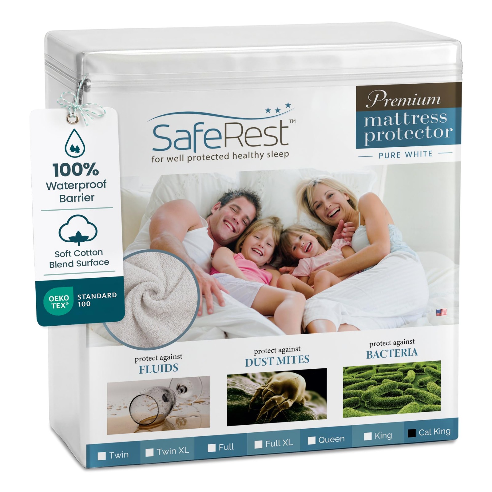 SafeRest Waterproof California King Size Mattress King, Pure White