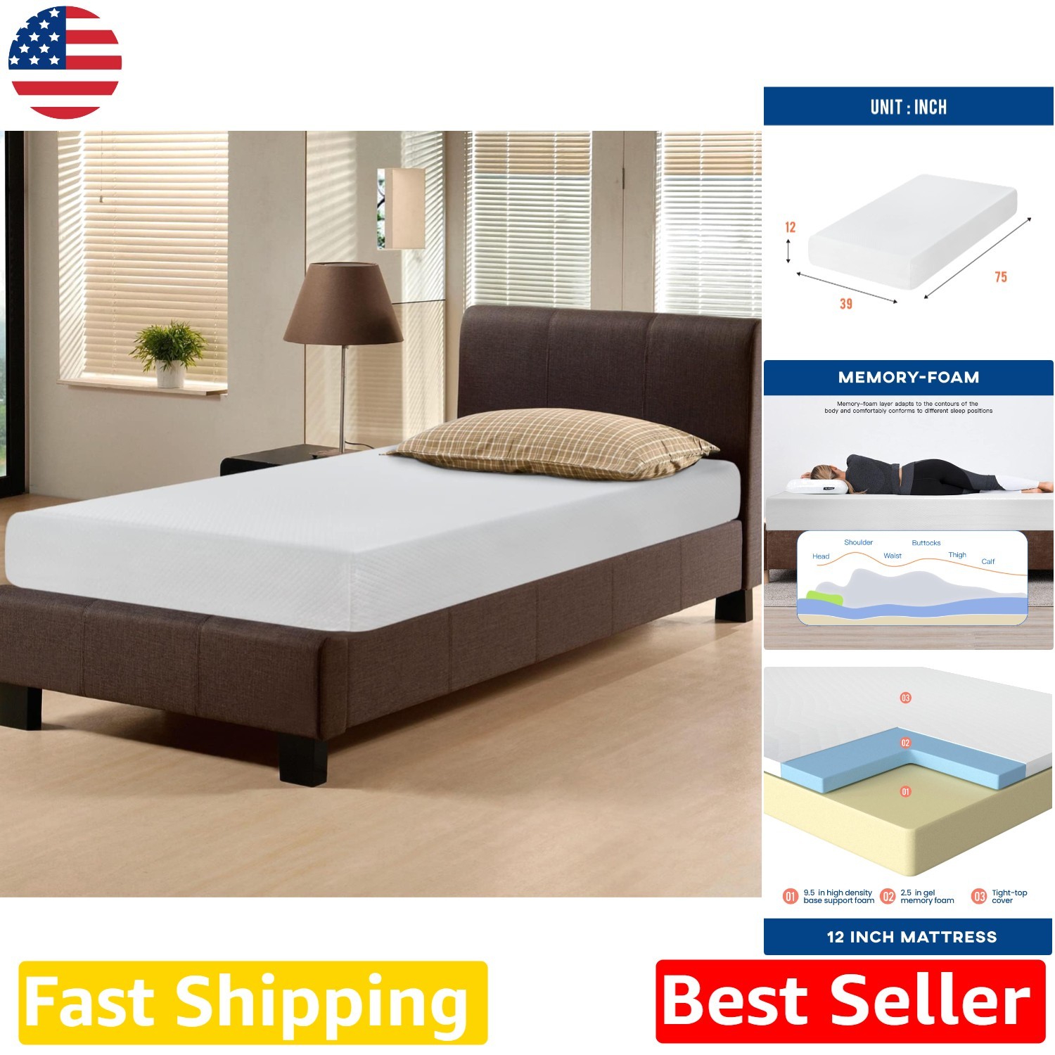 Medium Firm Twin Mattress 12 Inch Gel Foam – Breathable, Ventilated, Bed Box
