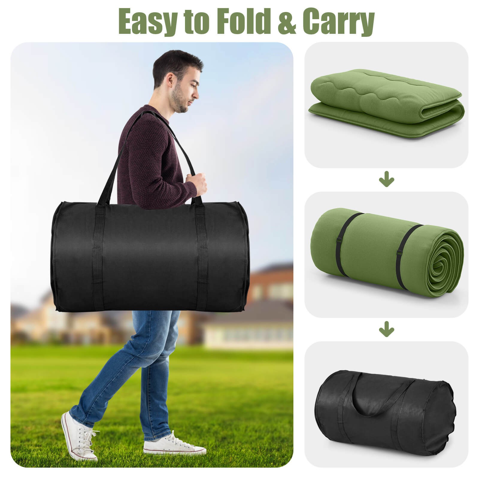 Twin Futon Mattress Washable Cover Carry Bag Green Japanese Floor Sleeping Pad