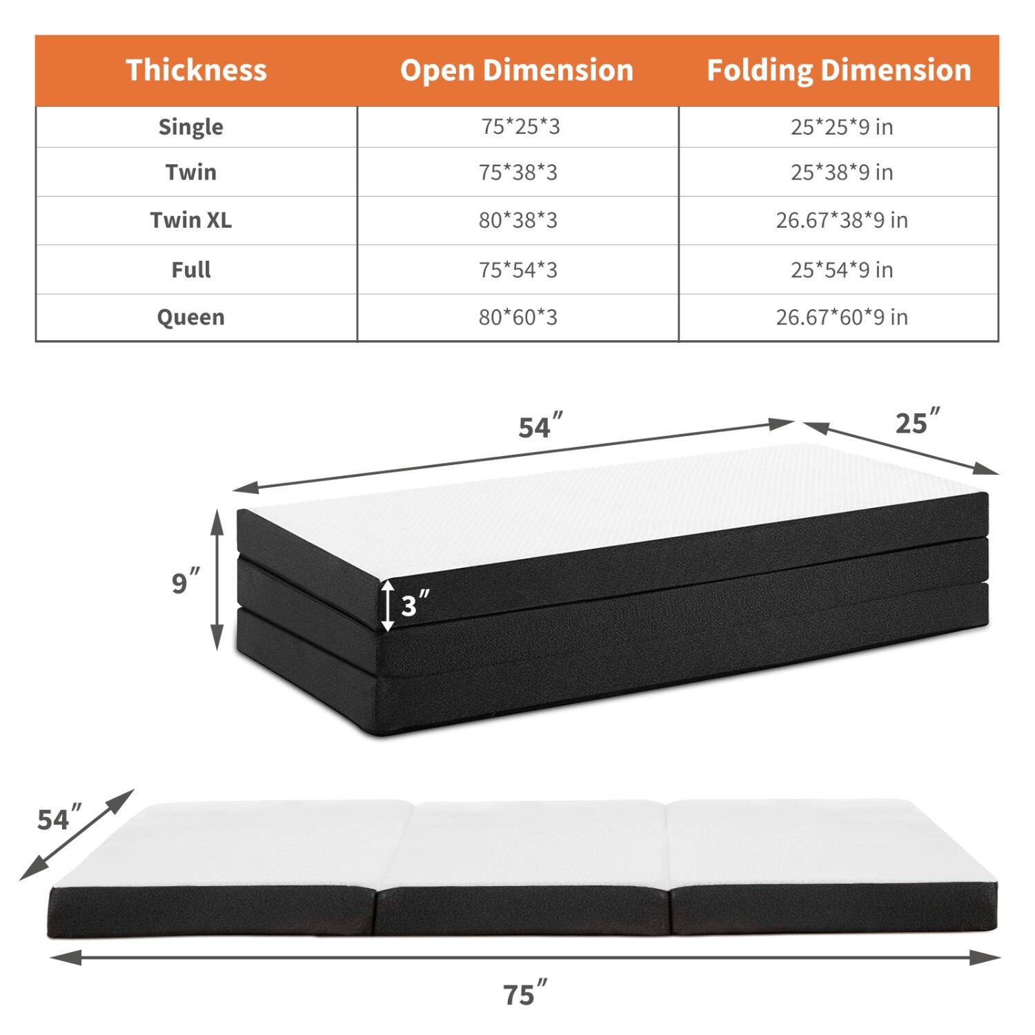 3inch Folding Mattress,Tri Fold Memory Foam Mattress with Washable Cover
