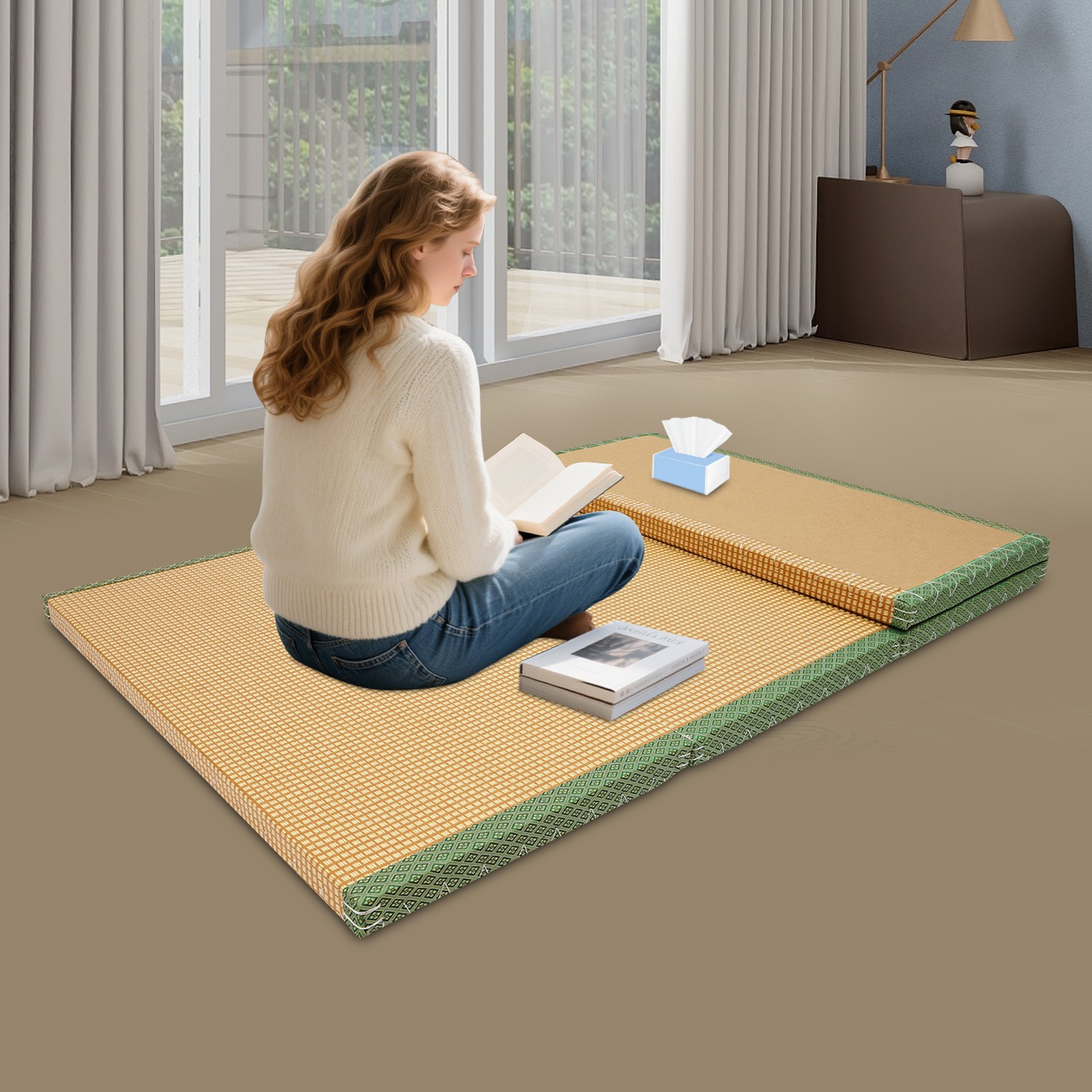 200*100*5cm Tatami Mattress, Foldable Floor Mattress, Meditation Mat Green Brown