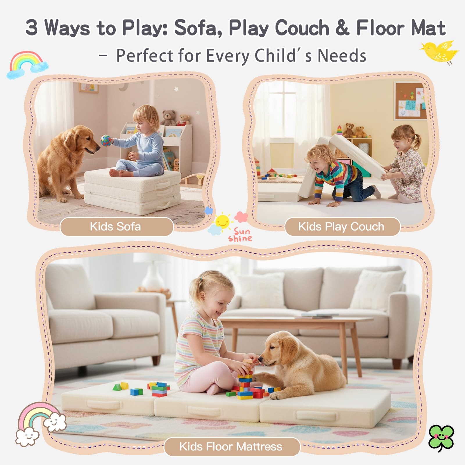 Kids Floor Mattress – Toddler Trifold Futon Mattress, Portable Foldable Play …