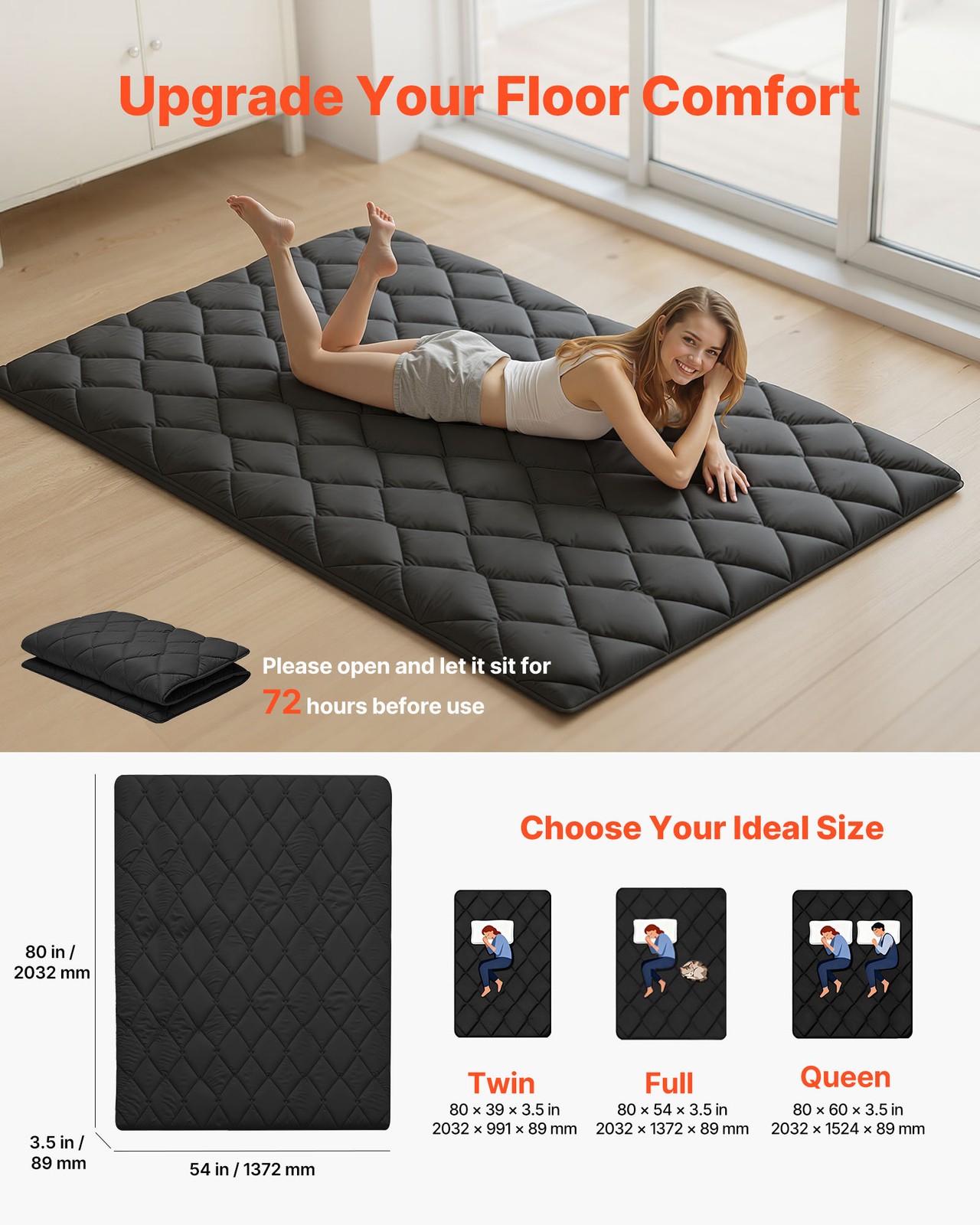 VEVOR Japanese Tatami Mattress Full Foldable Futon Mat with Storage Bag Black