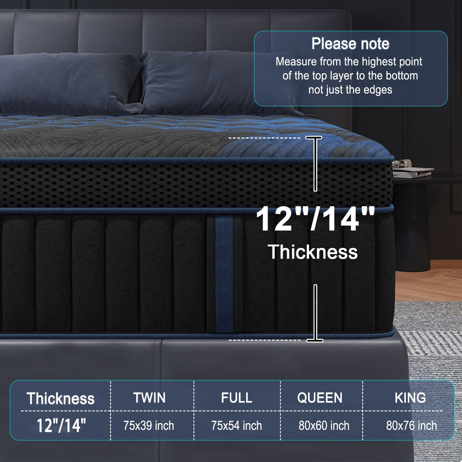 12″ 14″Twin Full Queen King Size Gel Memory Foam Spring Mattress In A Box