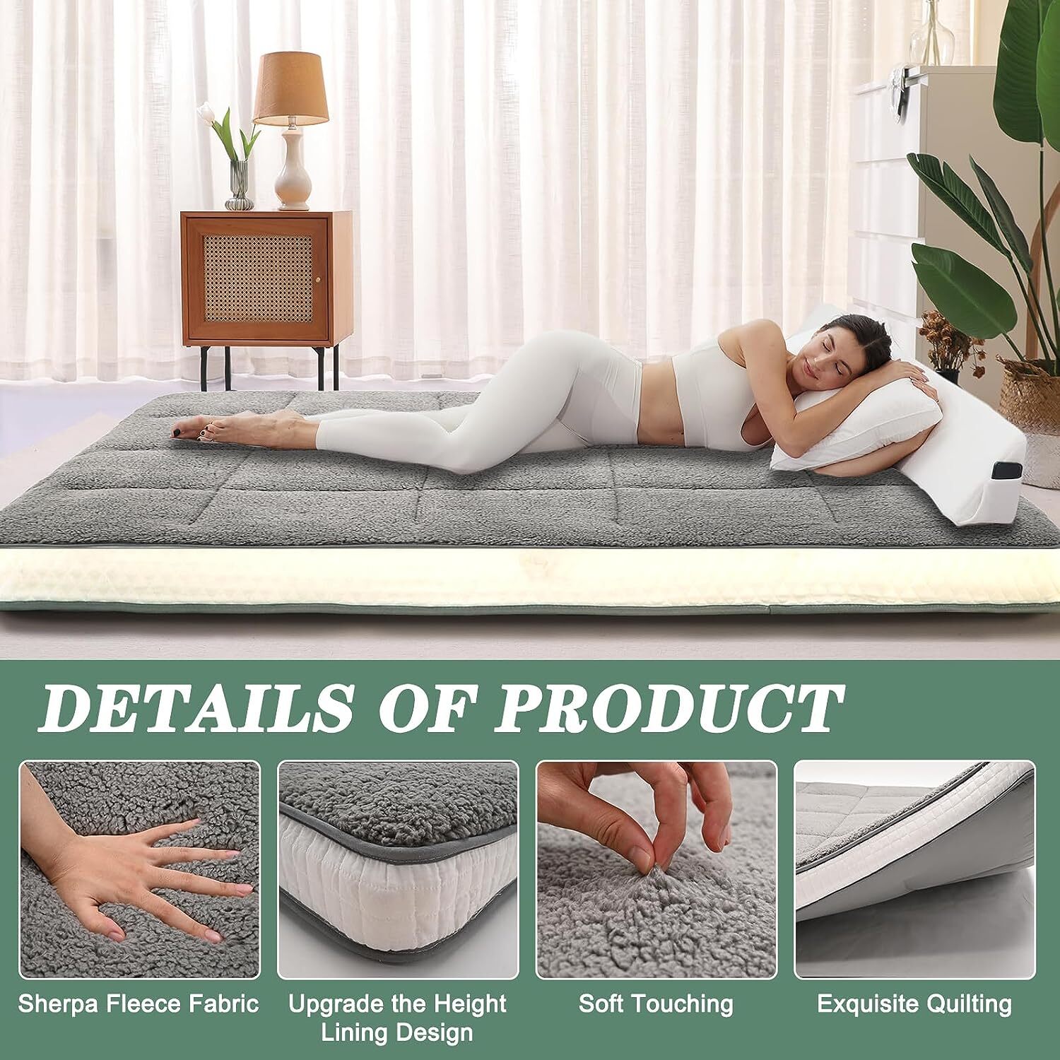 MOPHOTO Japanese Mattress Futon Mattress Foldable Sherpa Fleece Mattress Topper