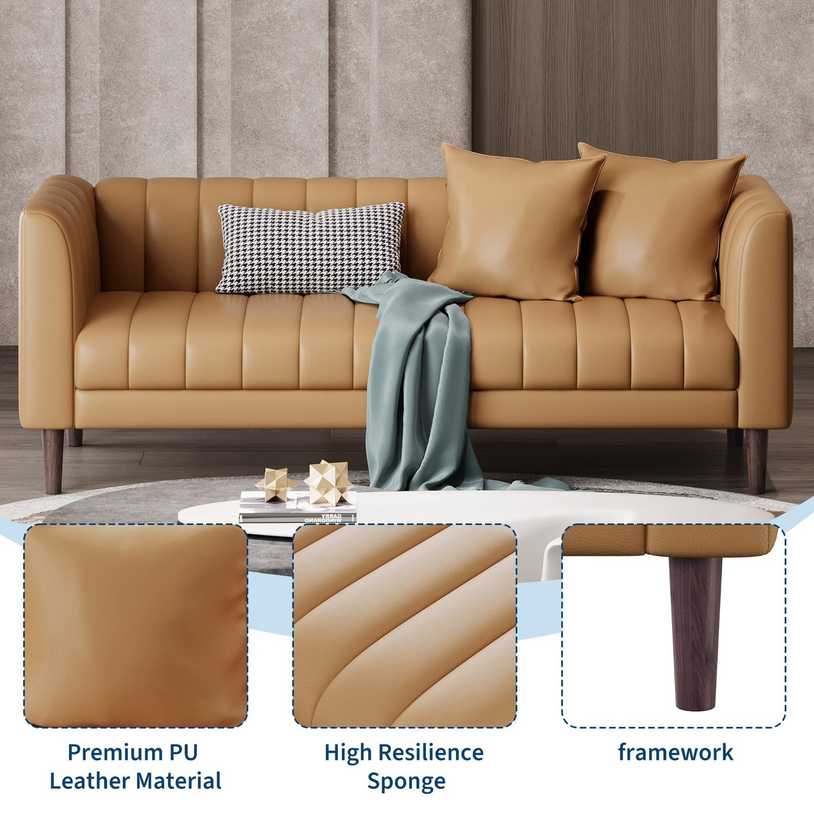 83″ W Faux Leather Sofa Couch for Living Room, Modern 3 Brown -1
