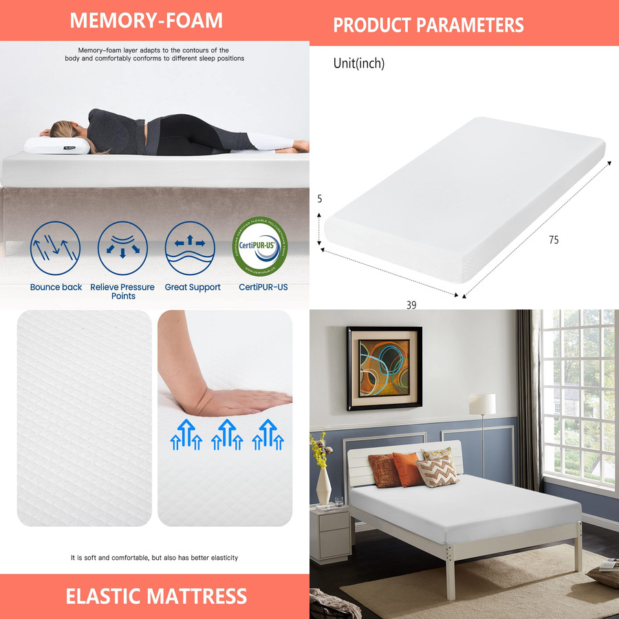 TWIN Gel Memory Foam Bed Mattress Kids Adults 5″ NO BACK PAIN Relief ON SALE
