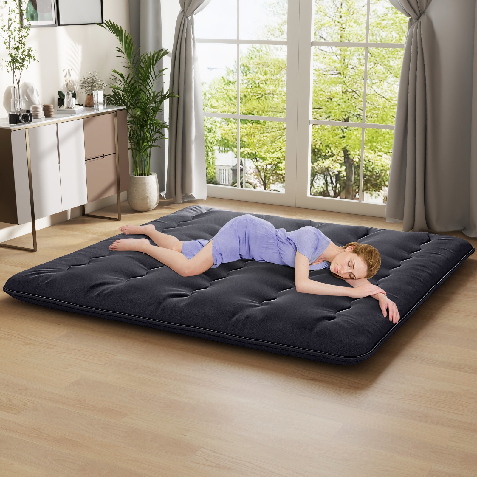 King Futon Mattress Japanese Floor Sleeping Pad Washable Cover Carry Bag Black
