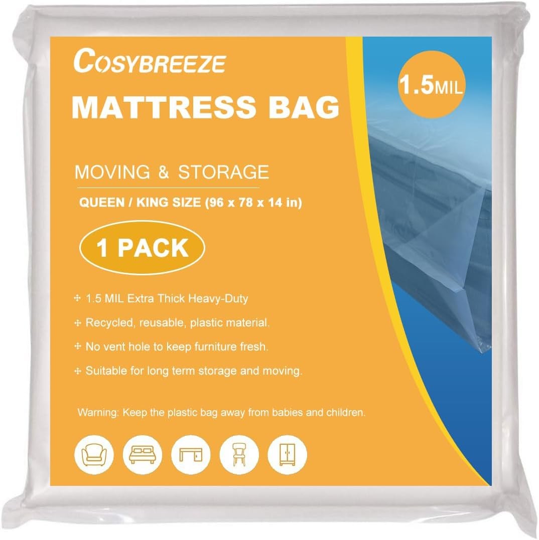 1.5 Mil Thick Mattress Bags for Moving 1Pack – Queen/King, Clear