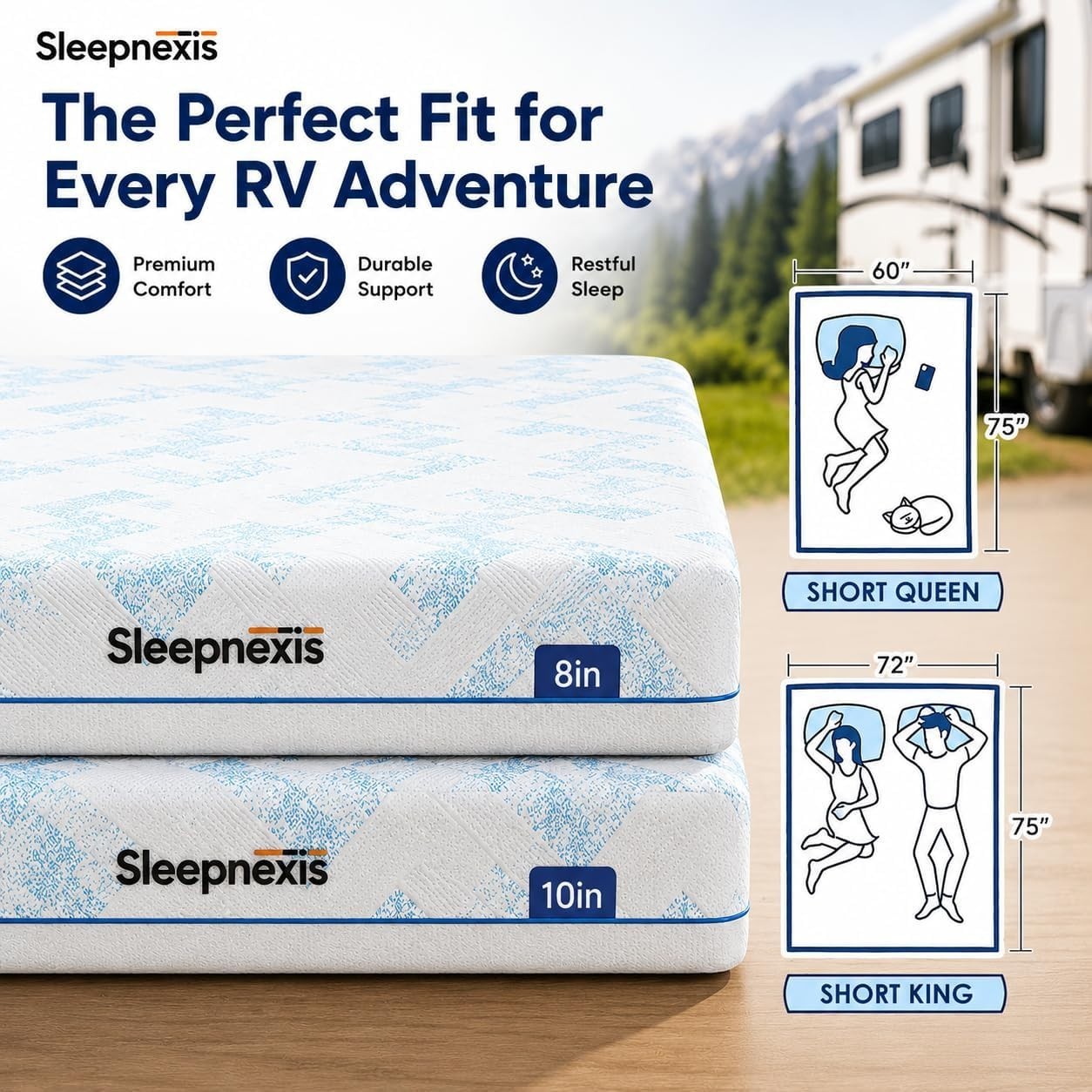 RV Mattress 8/10 Inch Cooling Gel Memory Foam Medium Firm CertiPUR-US Fiberglass