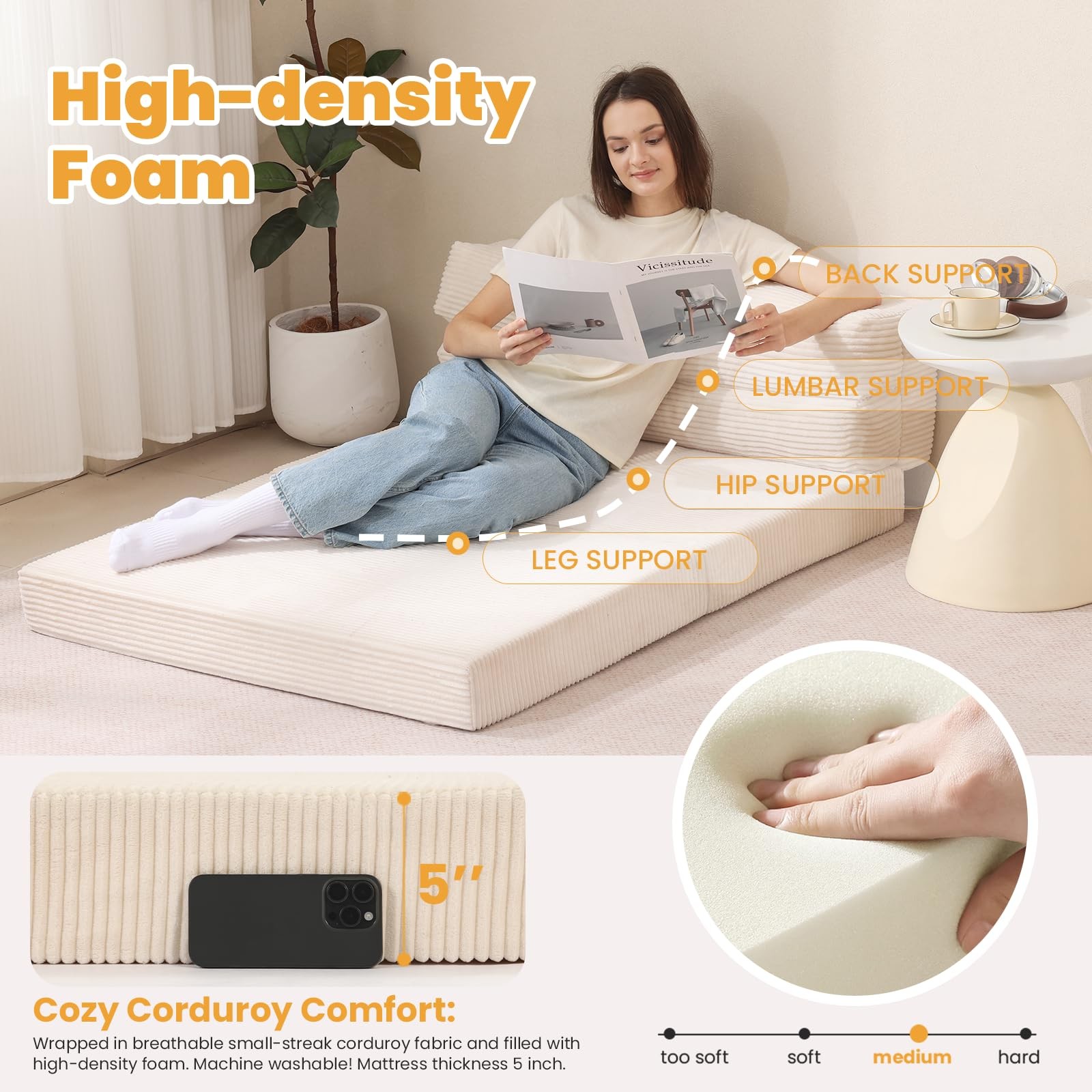 Folding Mattress, 3 in 1 Convertible Sofa Bed Fold Out Couch Bed Floor Couch …