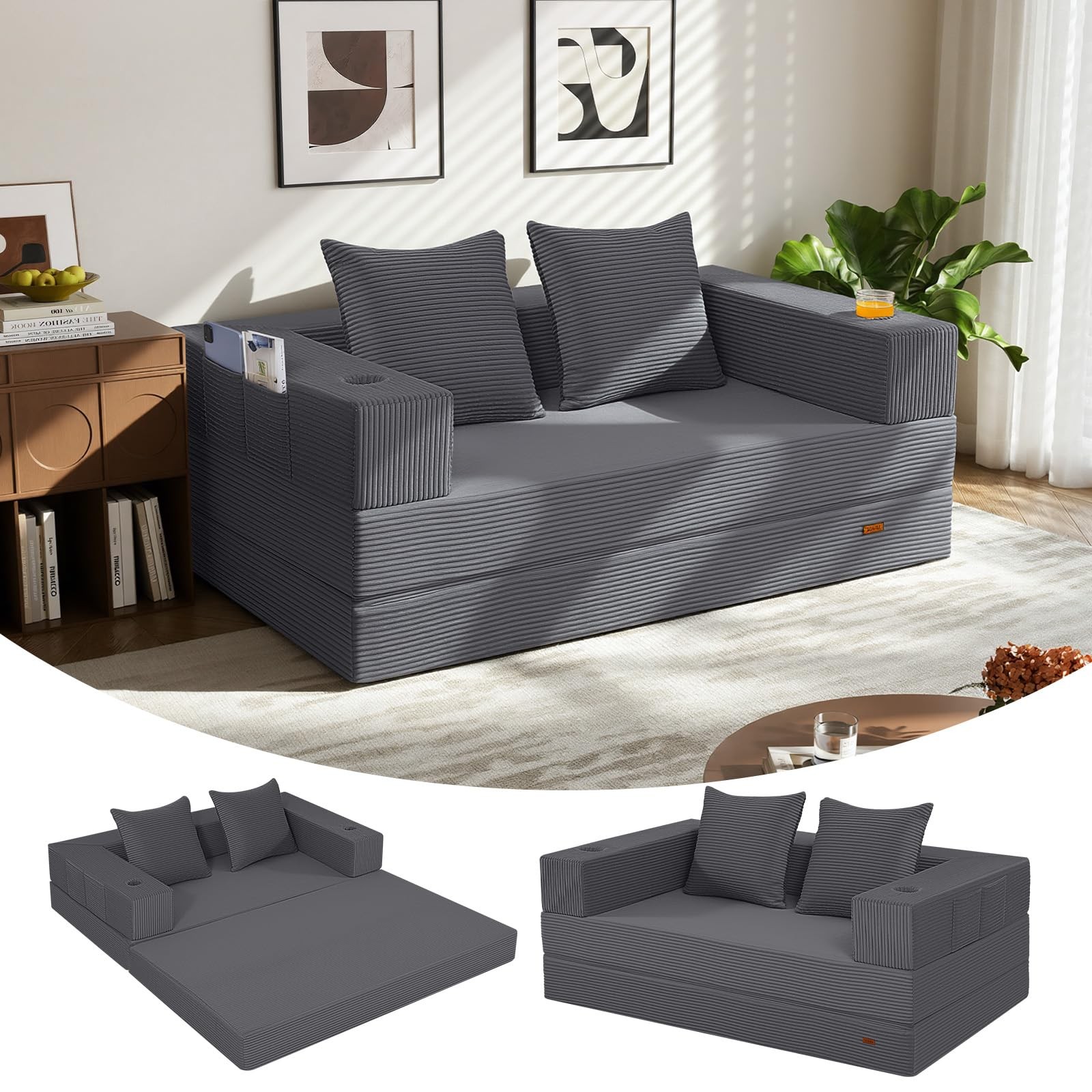 COMAX Futon Sofa Bed, 4‑in‑1 Convertible L-Shaped Loveseat, Grey
