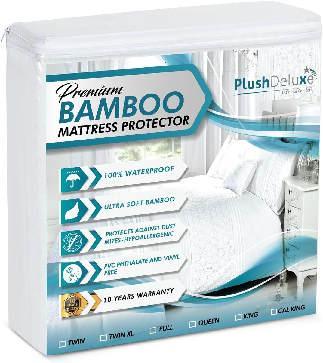 PlushDeluxe Premium Bamboo Mattress Protector – Queen Size, Queen, White