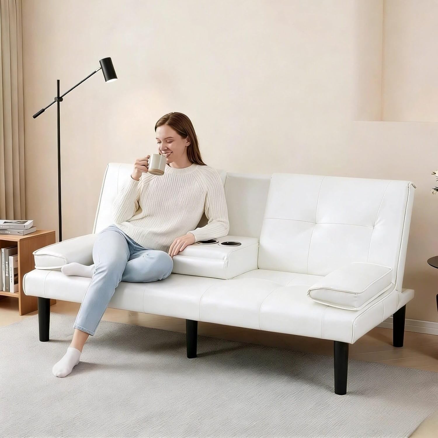 67″ Futon Sofa Bed with Cup Holders, Convertible 3 in 1
