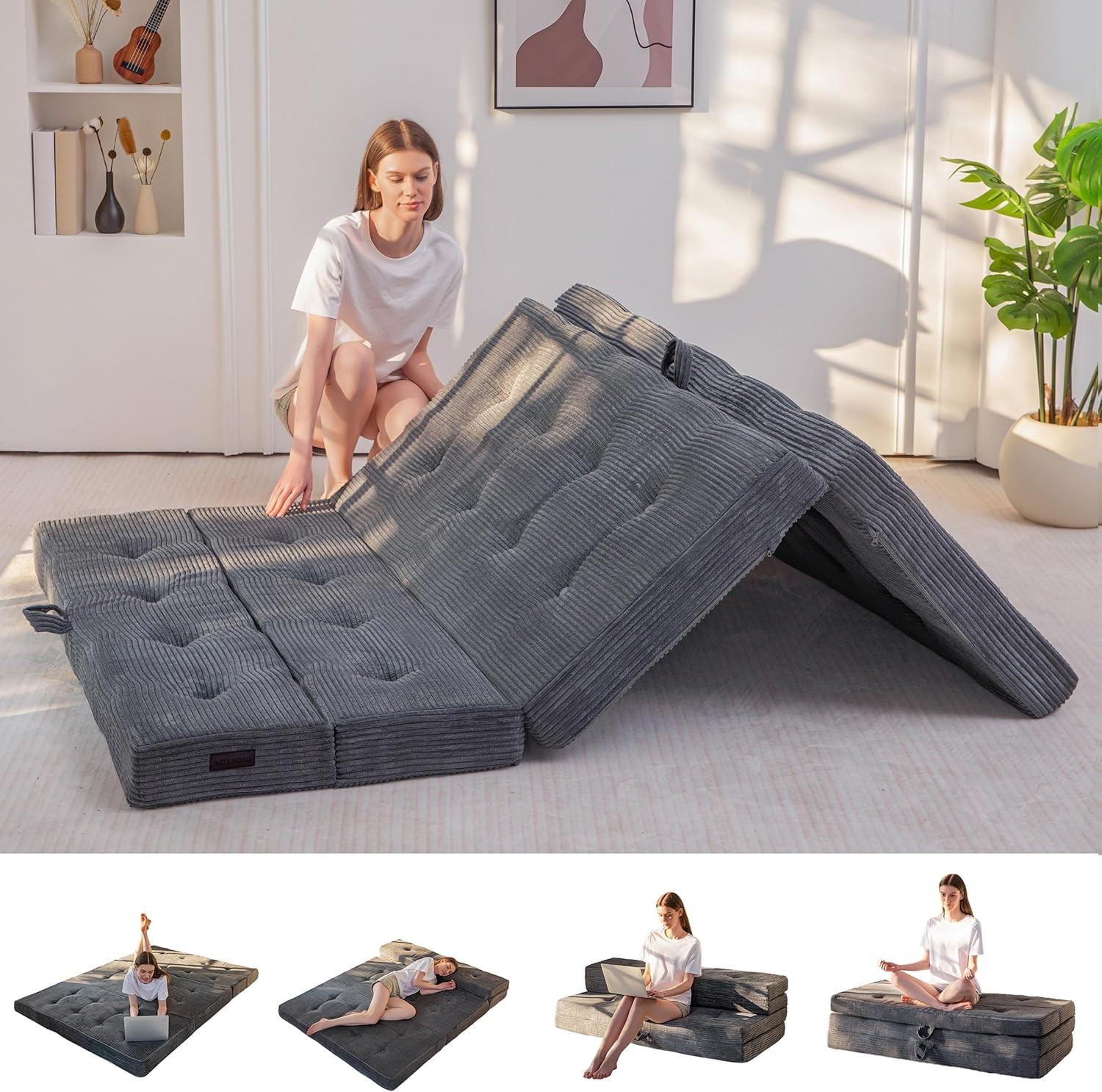 4-Inch Folding Mattress – Portable Tri-Fold Bed for Guests, Dark Grey