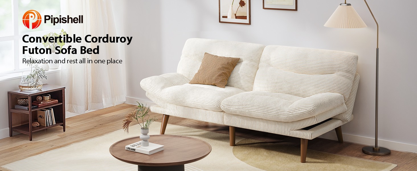 Pipi Futon Sofa Bed, 66 Inch Corduroy Futon Couch Convertible with