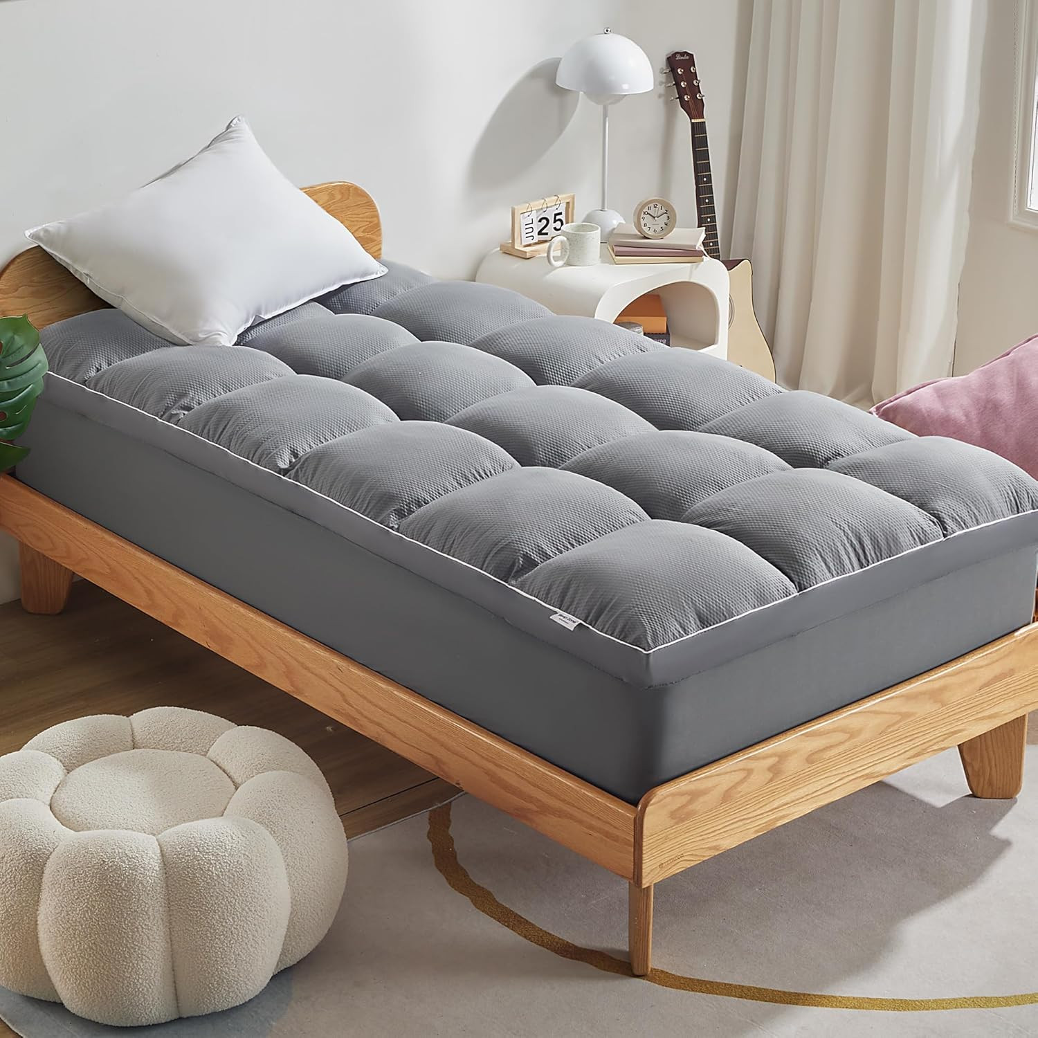 Breathable Twin Mattress Pad, Deep Pocket, Skin-Friendly, Machine Washable, Grey