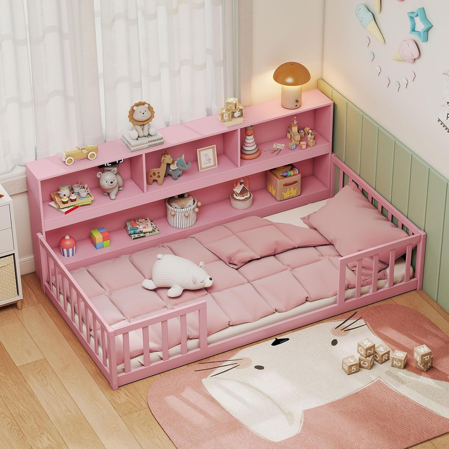 Montessori Twin Floor Bed with Bookcase & Storage, Pink, No Box Spring Needed