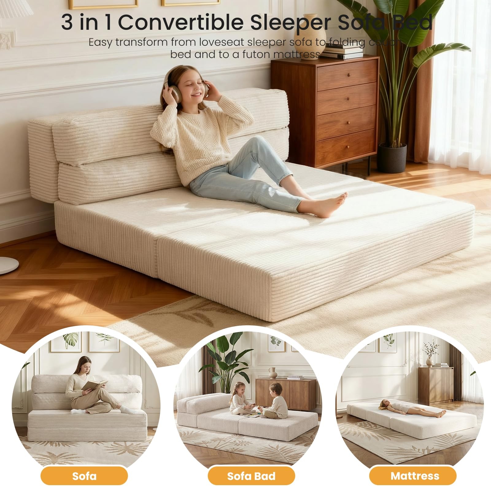 Folding Mattress, 3 in 1 Convertible Sofa Bed Fold Out Couch Bed Floor Couch …
