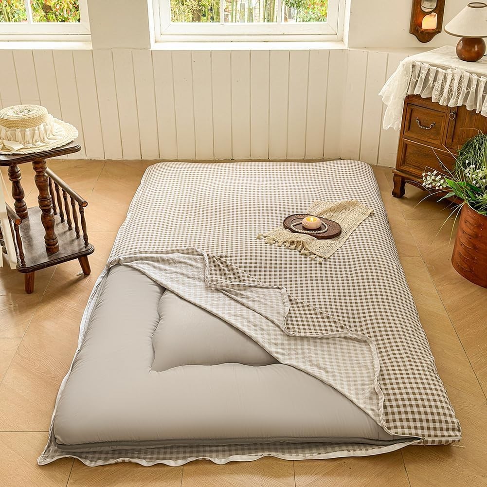 Floor Mattress Cover Gingham Checkered Futon Cover Guest Bed Japan Taupe Full