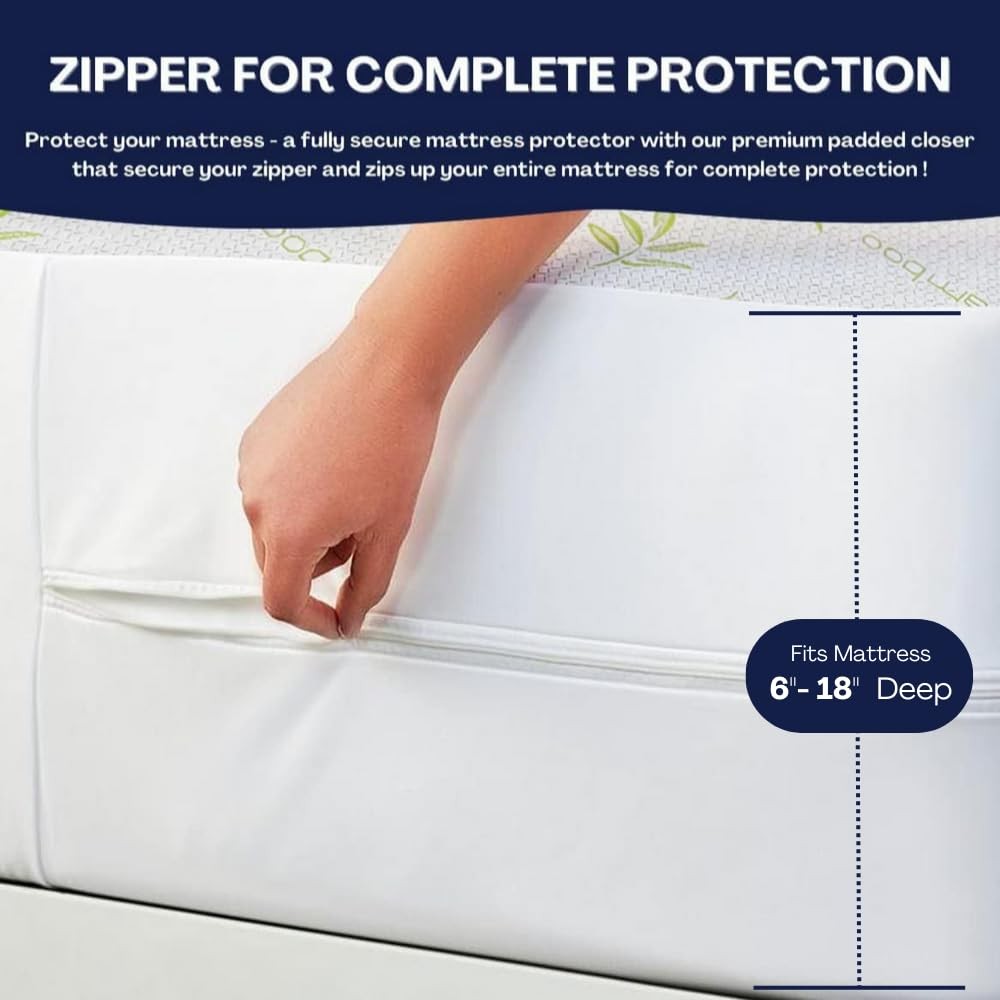 Bamboo Mattress Protector with Zipper – 100% Waterproof King Size King, White