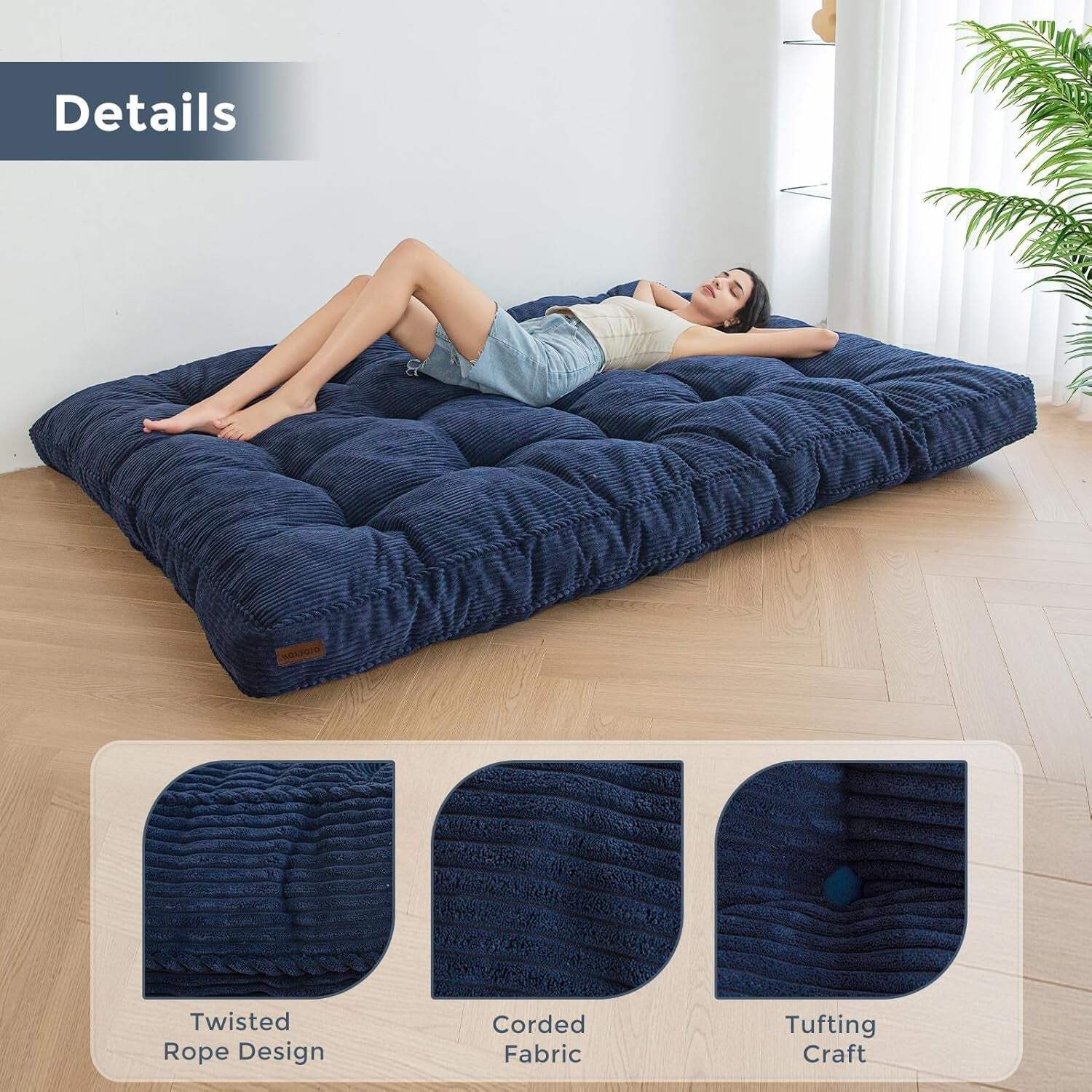 6-Inch Full-Size Futon Mattress Navy Tufted Shredded Foam