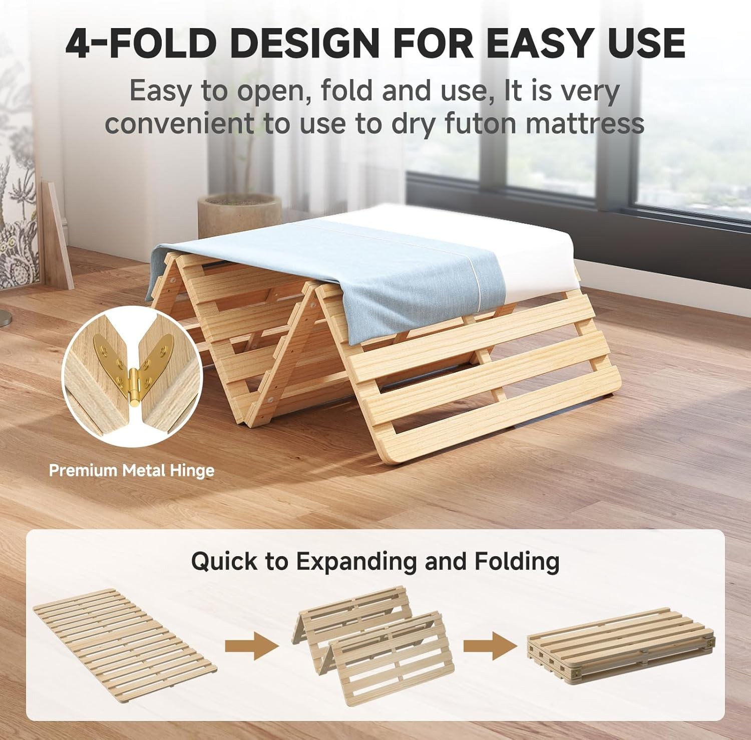 Solid Pine Wood Foldable Slatted Bed, Japanese Tati Floor Bed