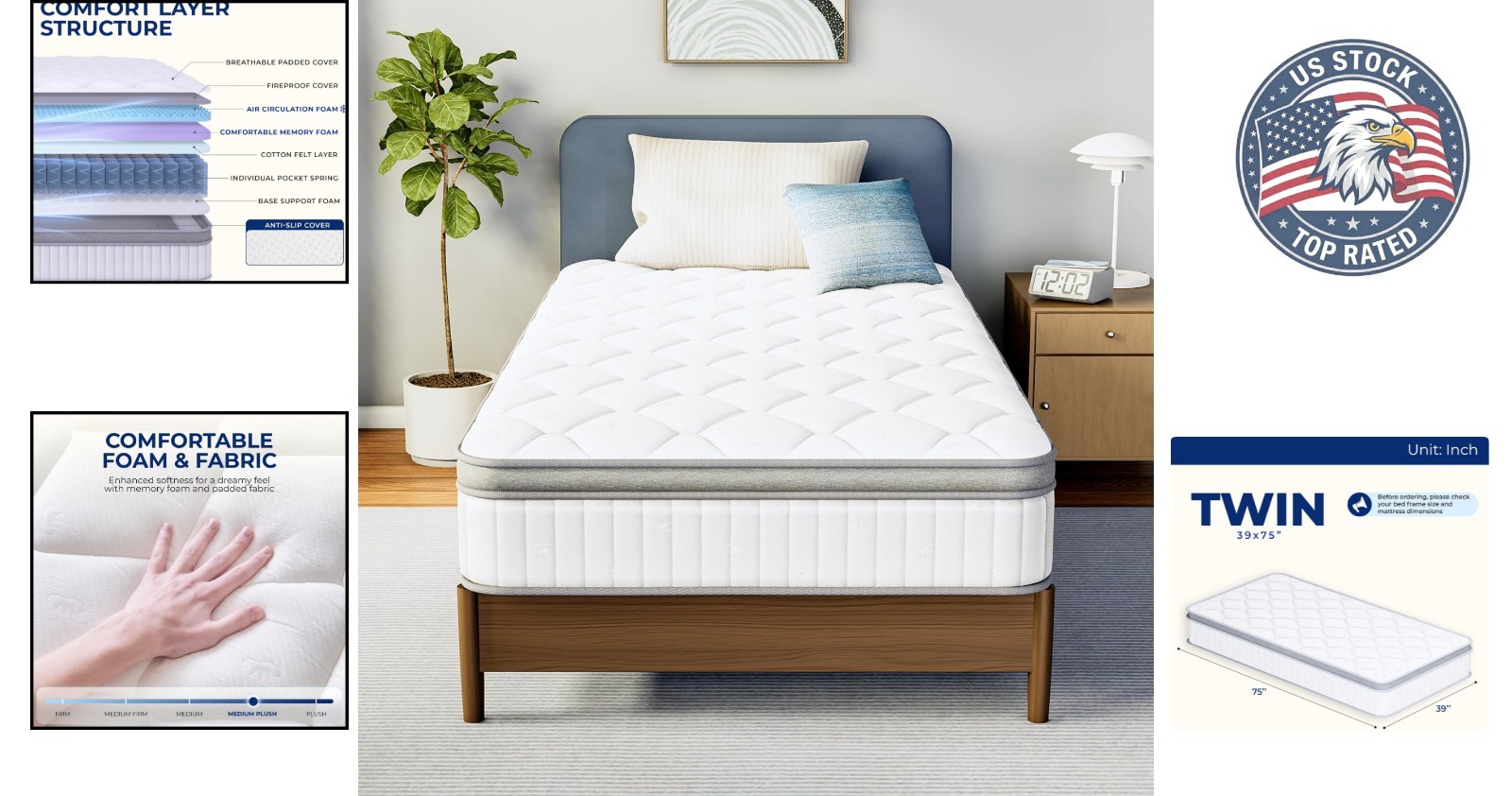 Eco-Friendly Twin Mattress: 10” Hybrid with Cooling Foam & Pocket Bloom Support