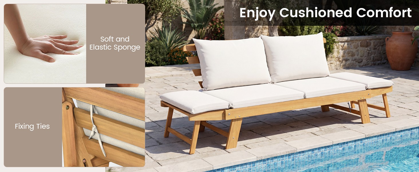 Convertible Acacia Wood Patio Couch Sofa Bed with Adjustable