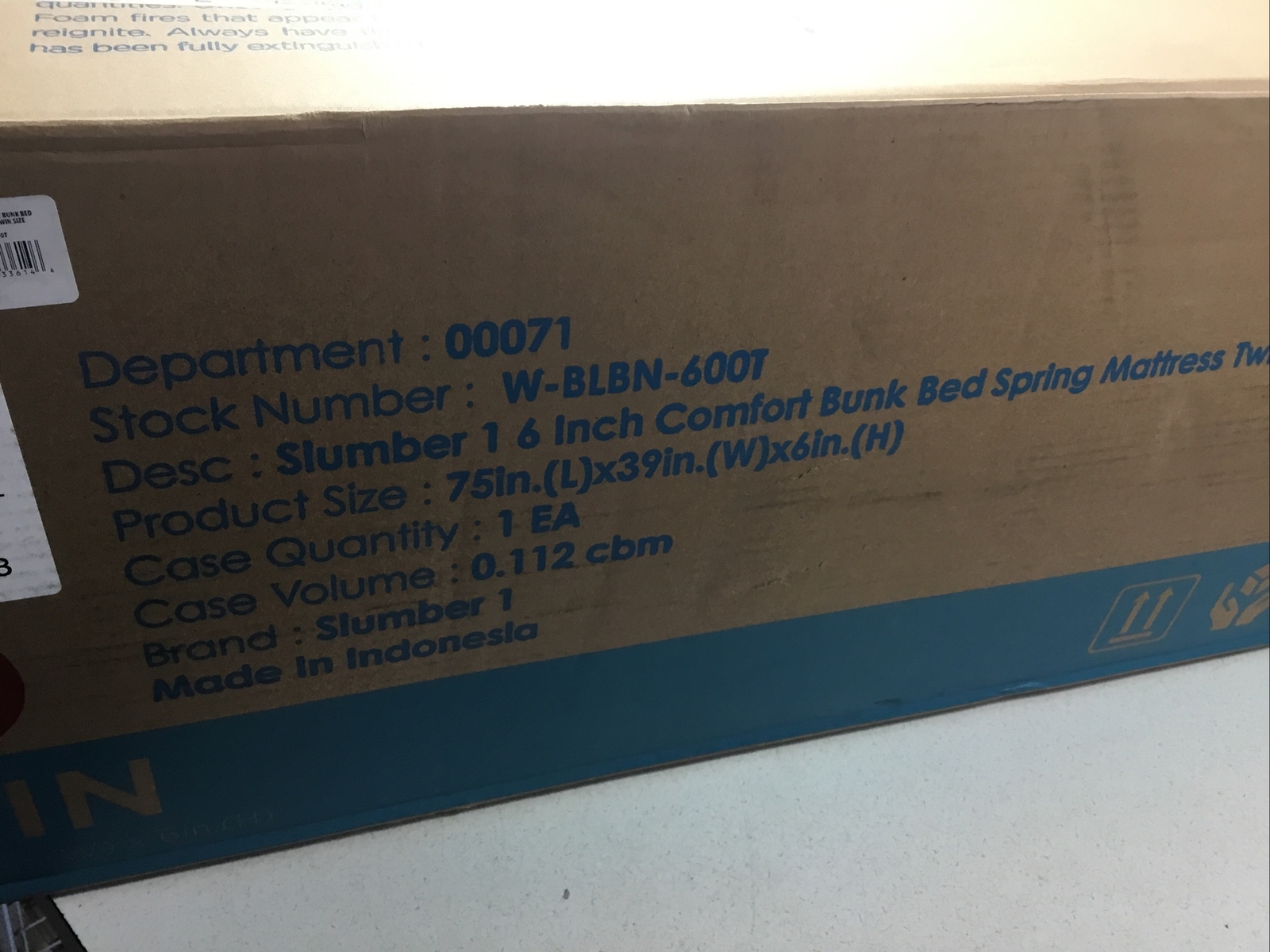 1 Slumber 1 Twin Size Spring Comfort 6” Foam Mattress 75” L 39” W 6” H NEW White