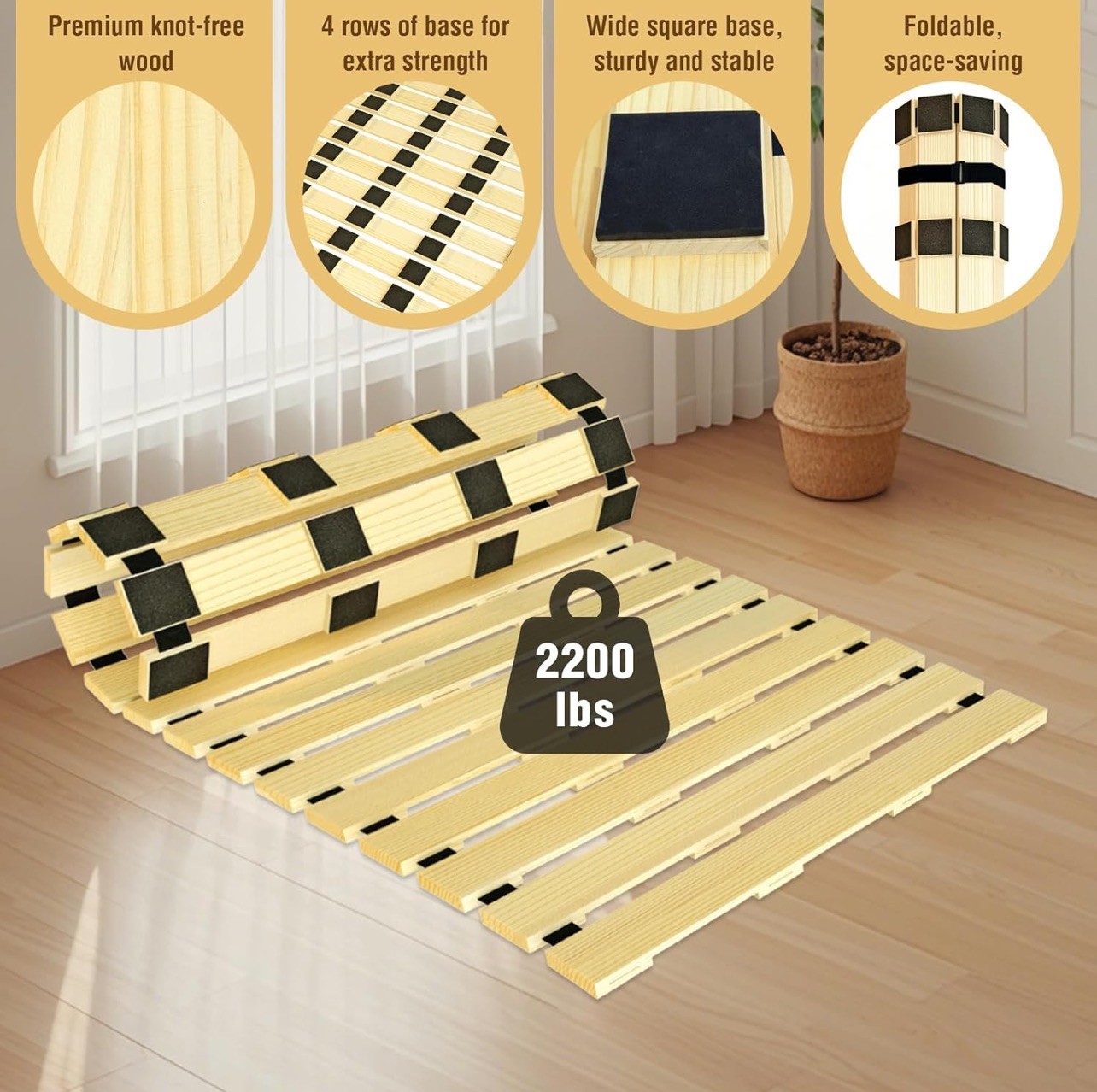Japanese Tatami Mat Floor Bed, Knotless Solid Wood, Roll-Up Slatted, Bed Twin