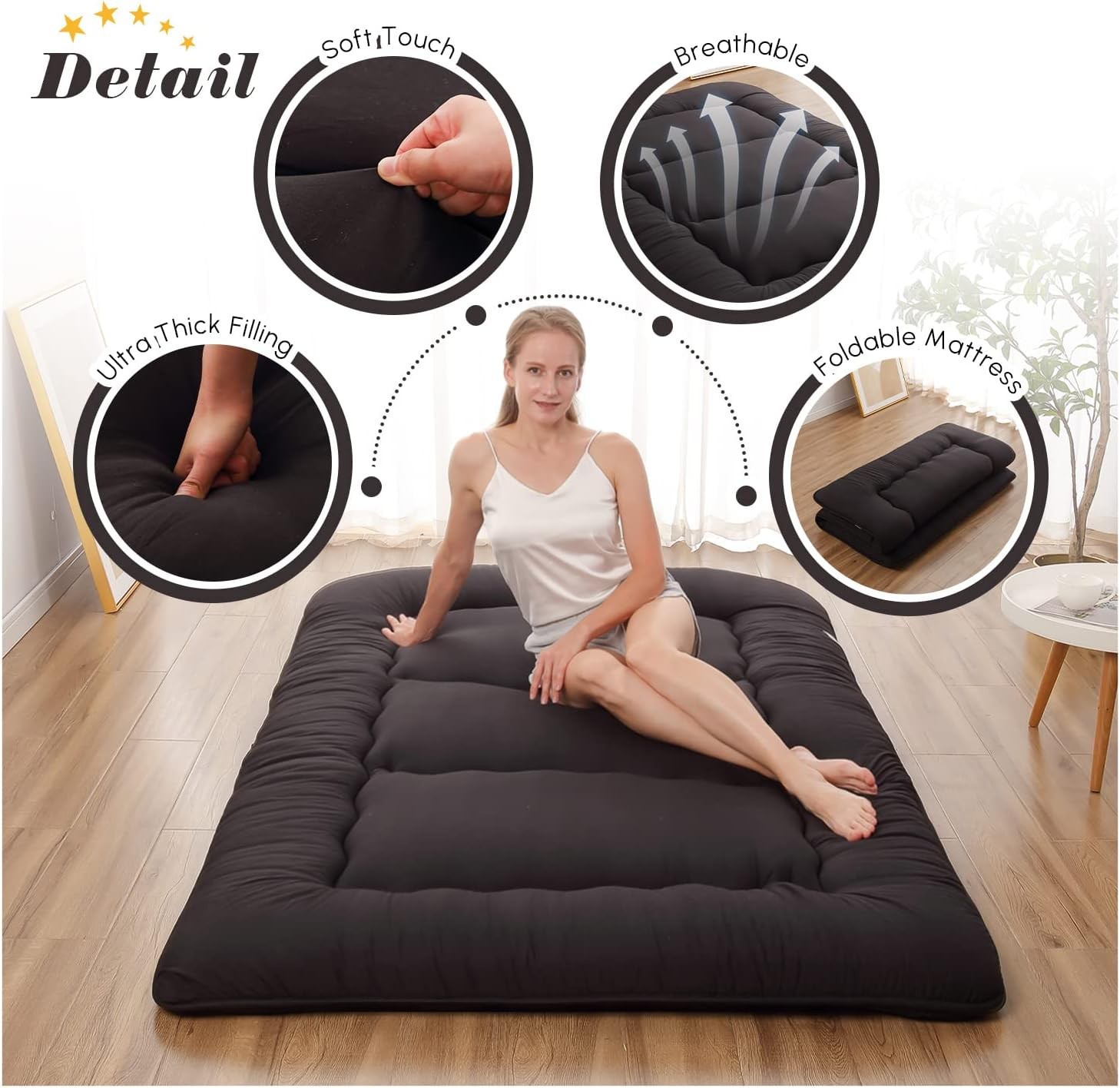 Japanese Floor Mattress, Futon Mattress with Portable Storage Bag and Washable