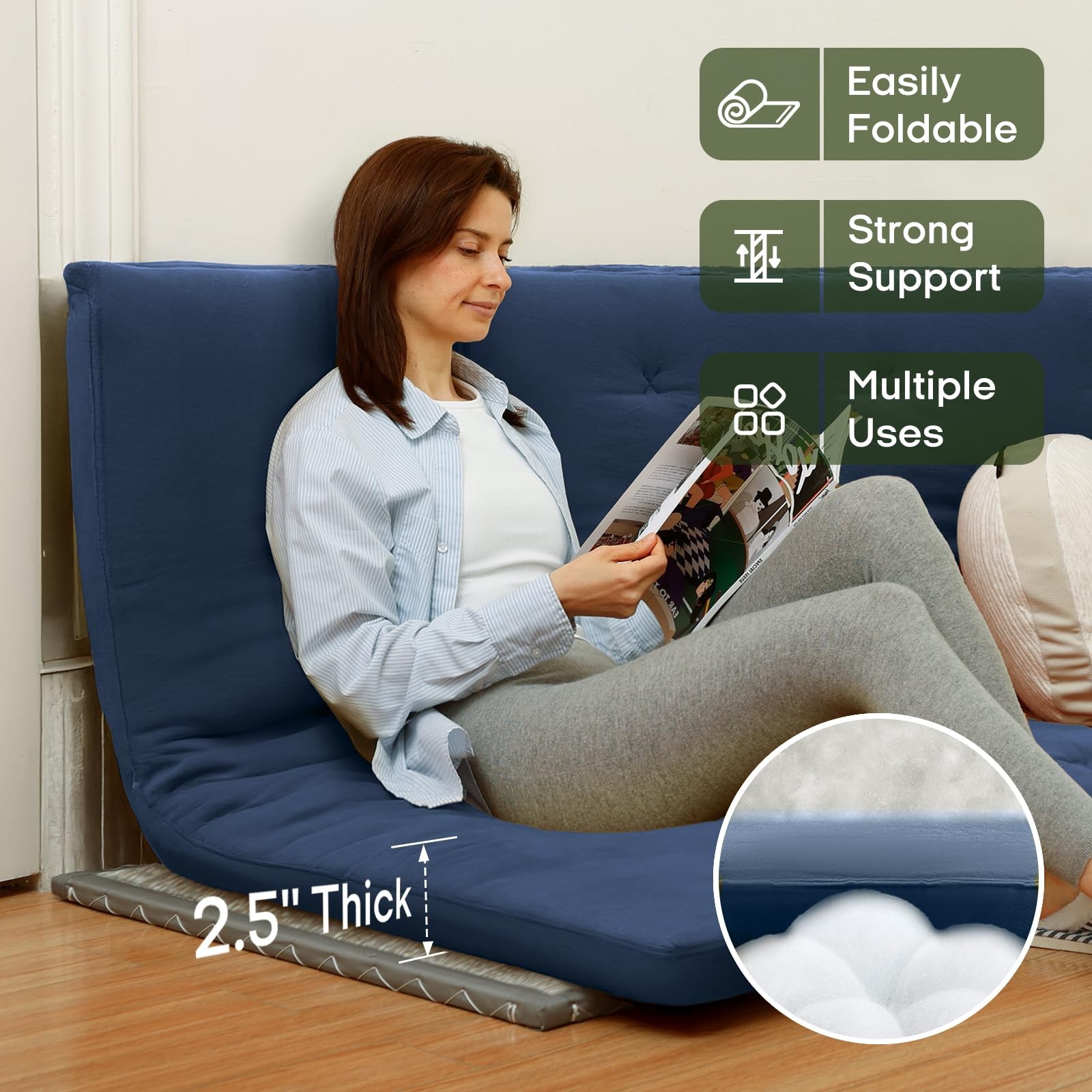 Japanese Floor Futon Mattress Twin Size 75″x 39″, 100% Cotton Cover 2.5” Thi…
