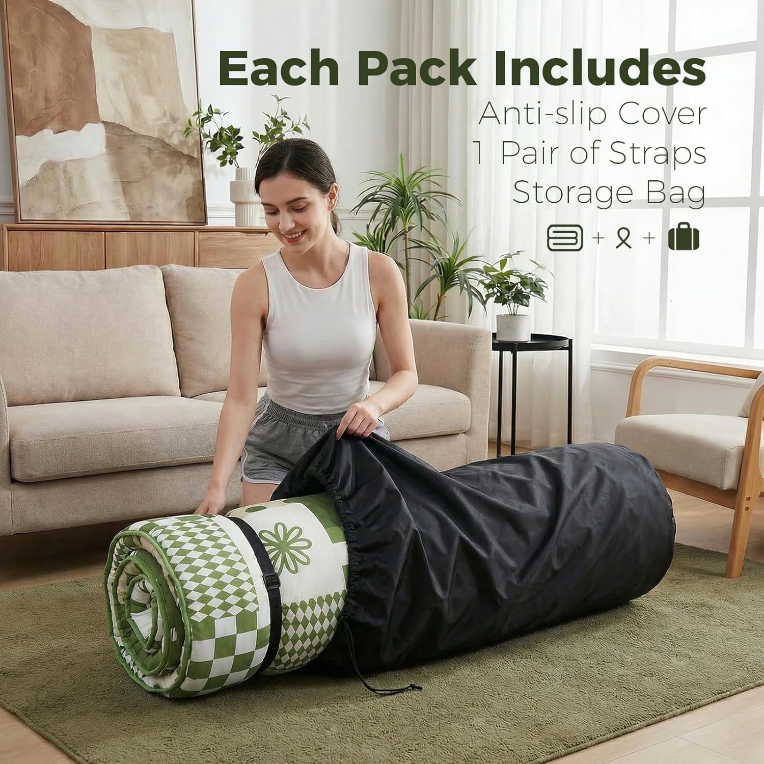 Foldable Japanese Floor Mattress Full 80″x54″ 2.5″ 3-Layer Foam Anti-Slip Cover