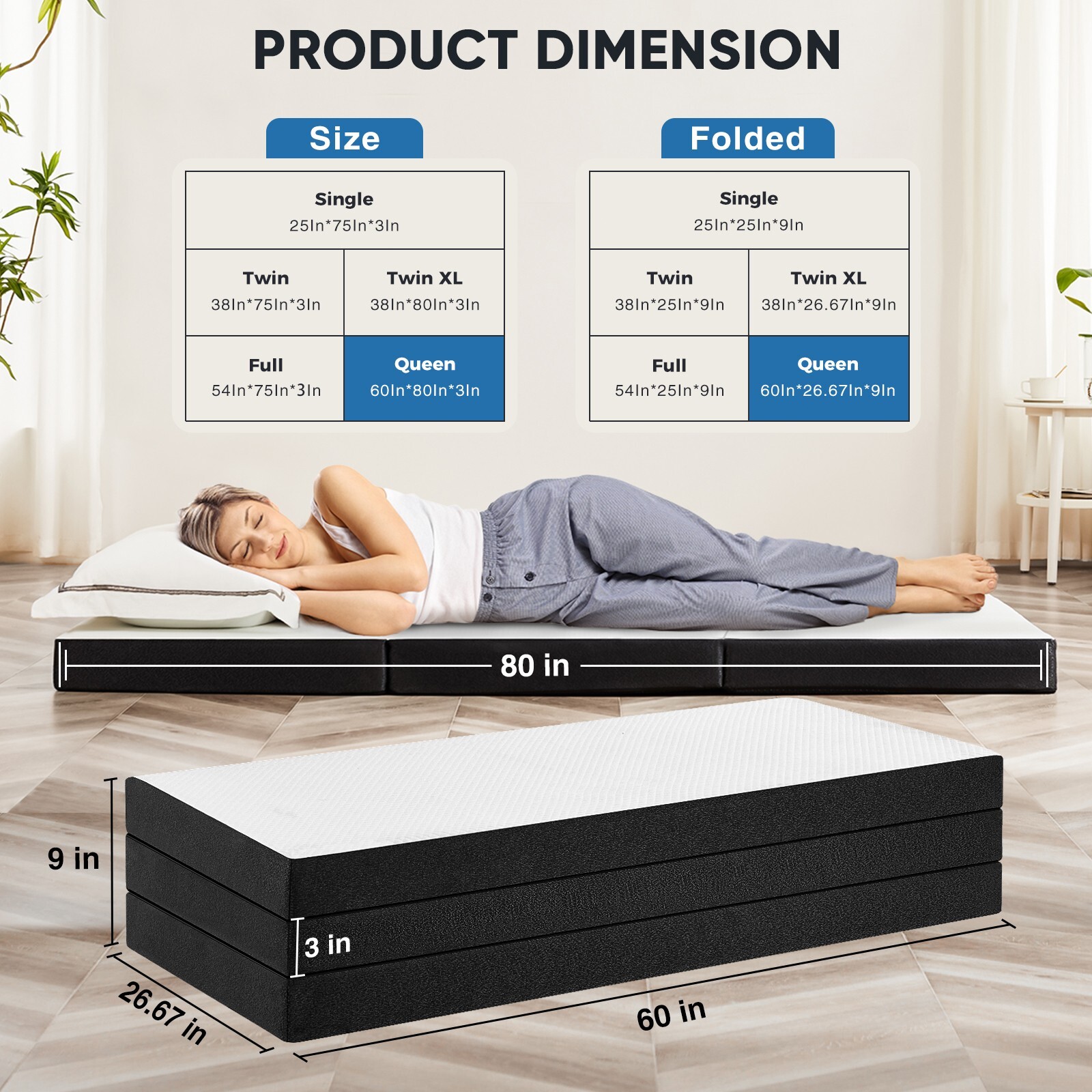 Tri-fold Memory Foam Mattress, Portable Floor Bed, Foldable Mat for Bedroom