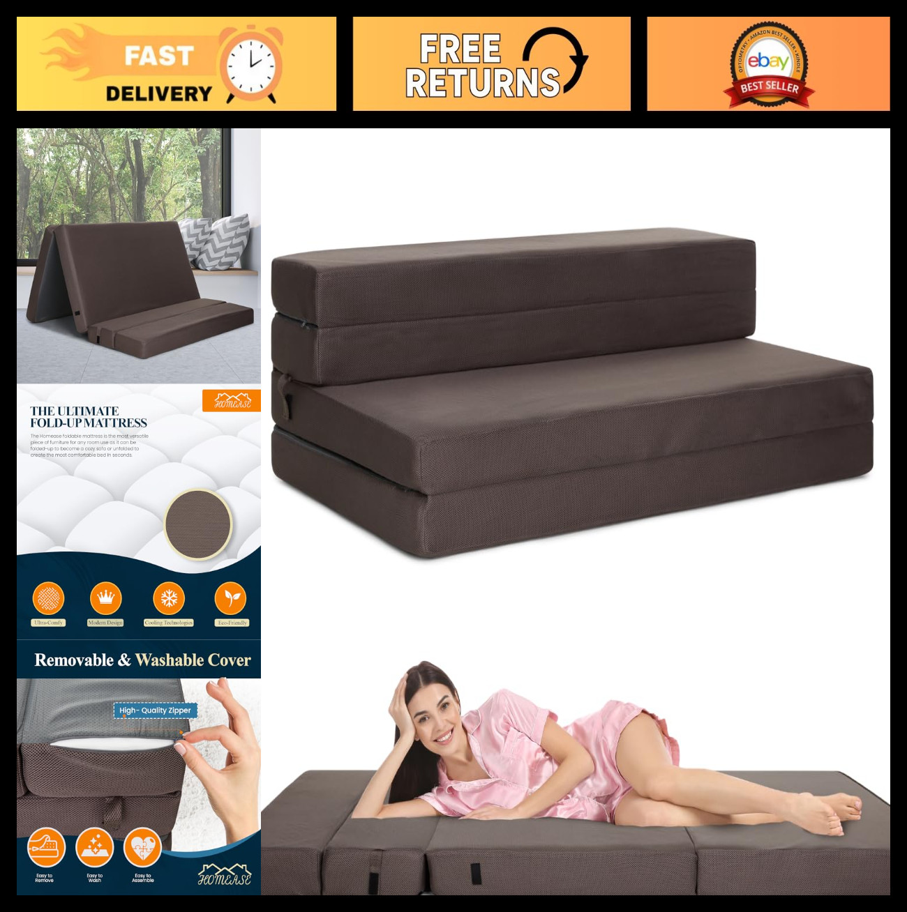 Tri-Fold Foam Mattress | Folding Sofa Bed with Washable Cover | Portable Chair B