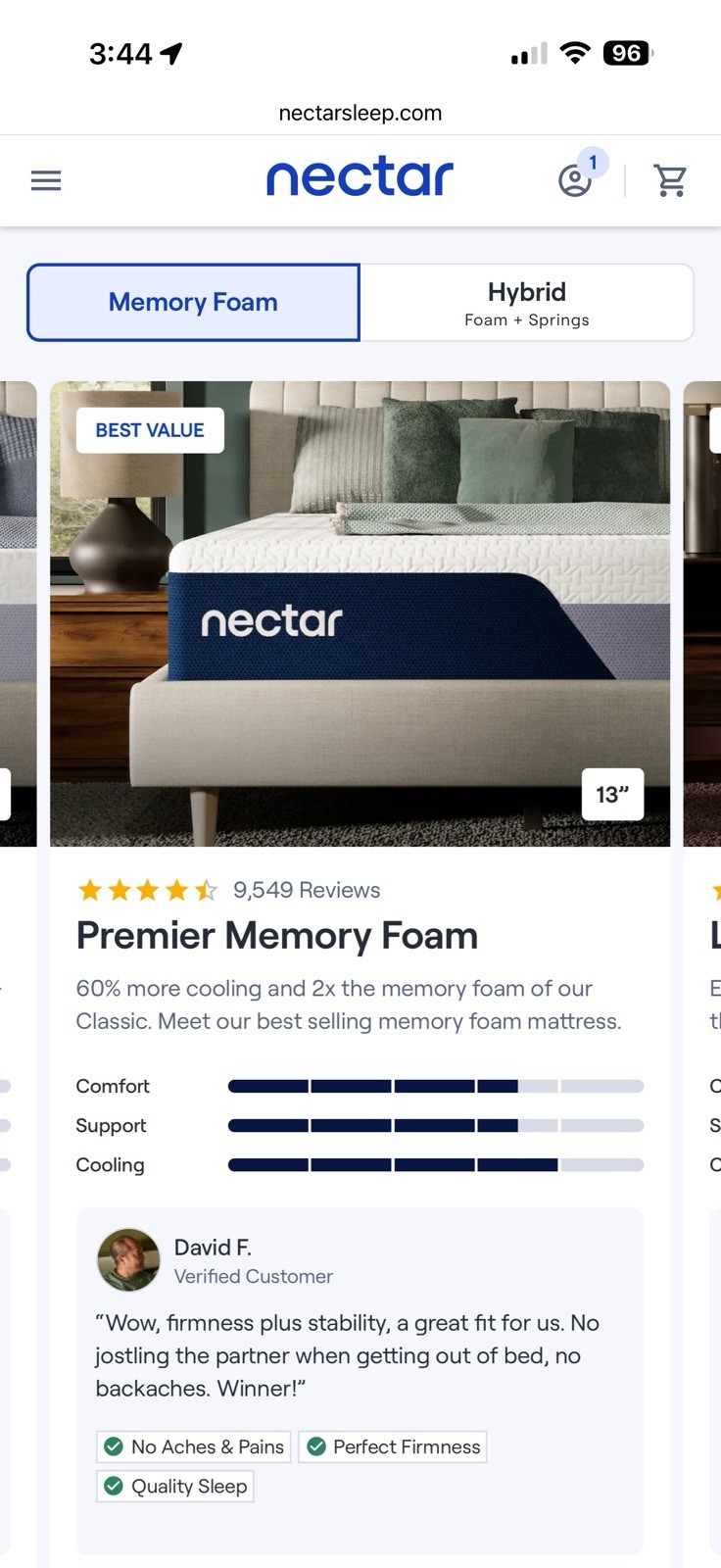 Nectar Premier Memory Foam Queen Mattress Cooling Pressure Relief Medium Firm