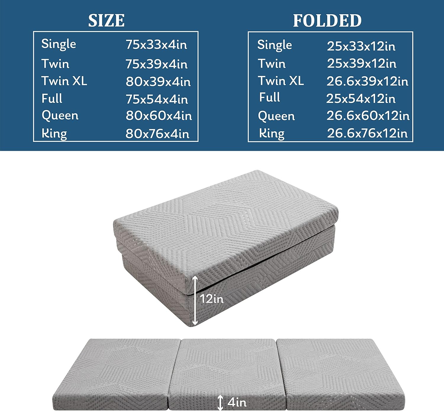 Folding Mattress 4 Inch Tri Folding Memory Foam Mattress, Portable Trifold Mattr