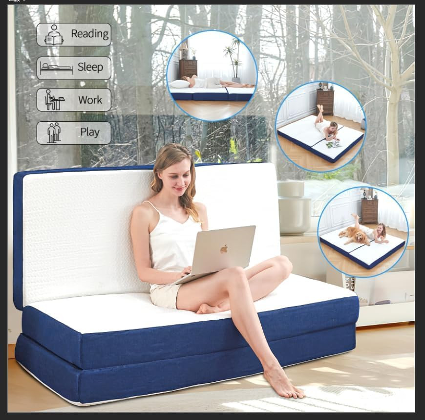 Folding Mattress Queen Size,4 Inch Memory Foam Tri Portable Trifold Mattress Top